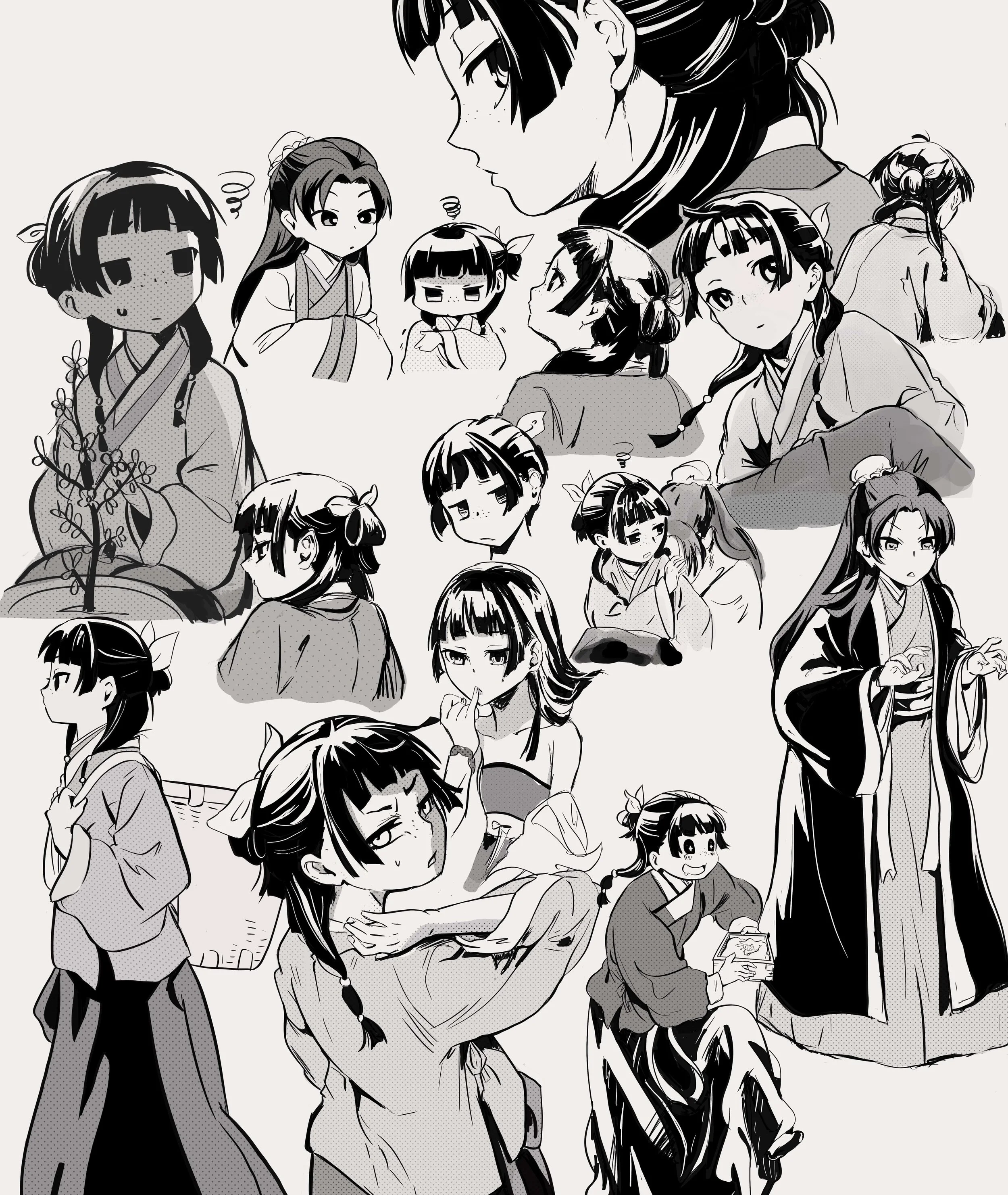 A sketchbook page of Maomao and Jinshi from The Apothecary Diaries. 