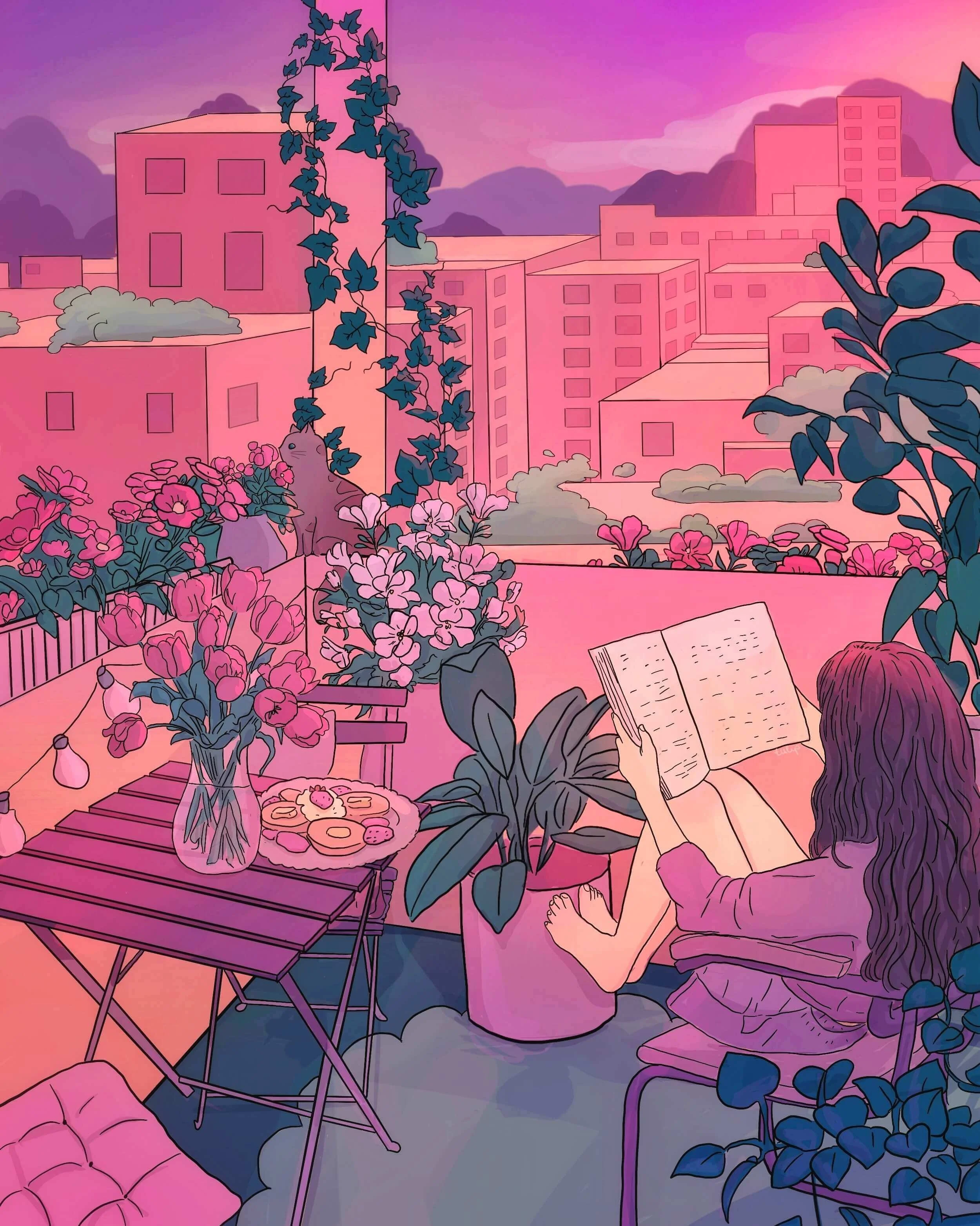 A girl with long wavy hair sitting on a balcony reading a book, surrounded by pink and purple flowers, with a cityscape of pink buildings and a purple sky in the background.