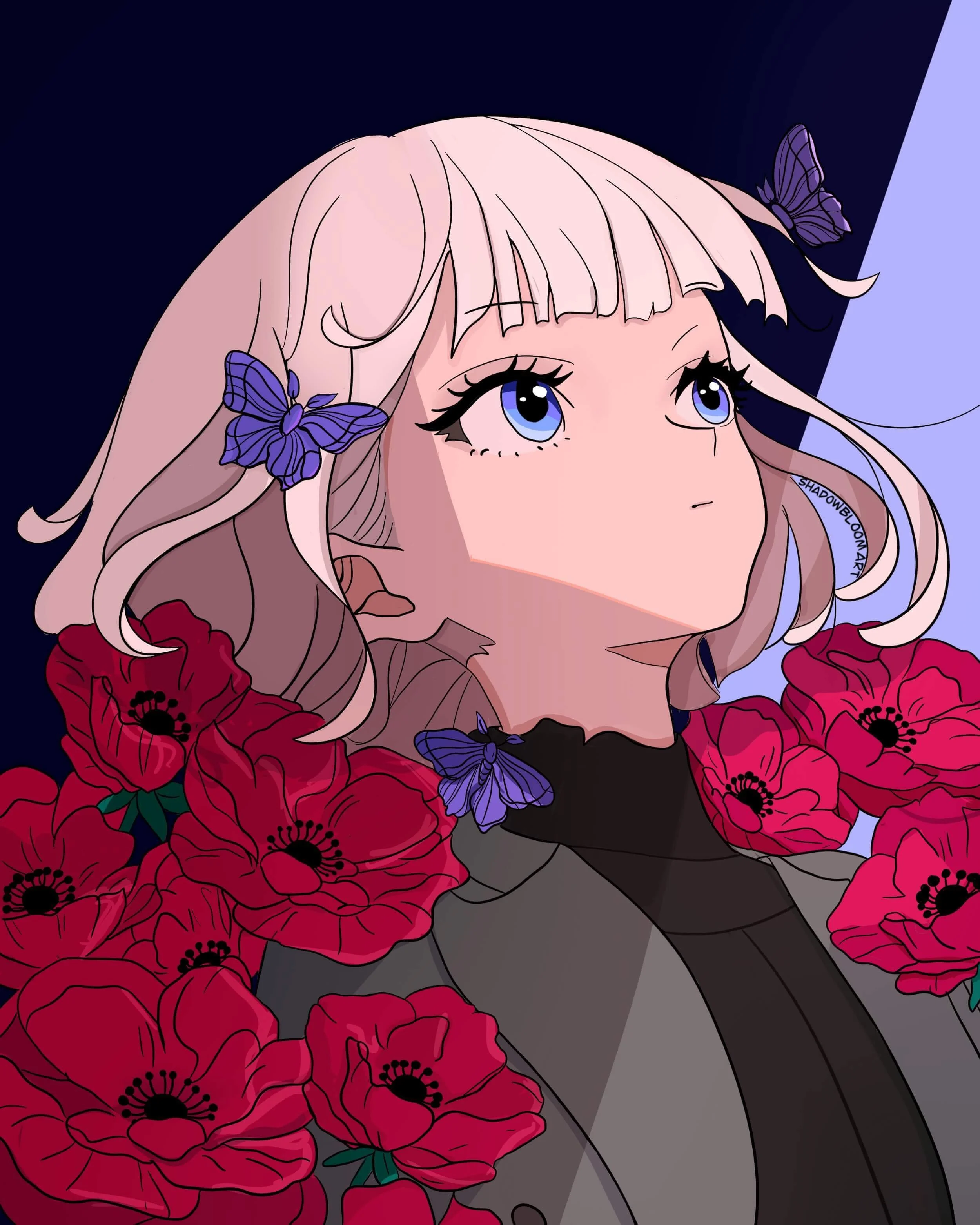 Digital illustration and fanart piece of Paige Mahoney from The Bone Season by Samantha Shannon. It shows Page with her light blonde hair adorned with purple butterflies, surrounded by red poppies flowers, looking upwards with a thoughtful expression