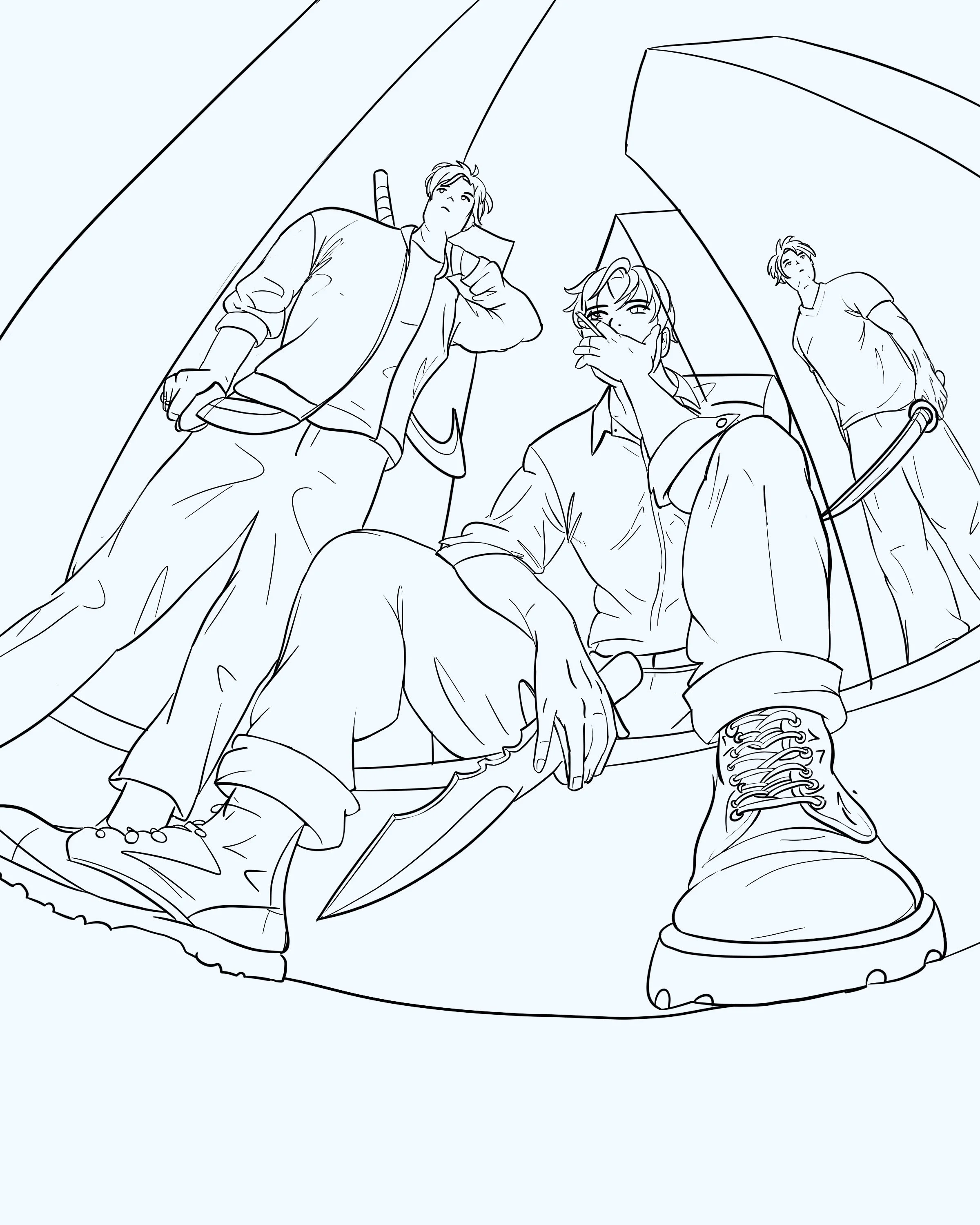 A digital lineart sketch of Kaul Hilo, Maik Tar and Maik Kehn from Jade City by Fonda Lee. Hilo sits on a step on the city street in Janloon and smokes while his Fists keep watch. An orange sunset illuminates the sky and the windows of the nearby sky