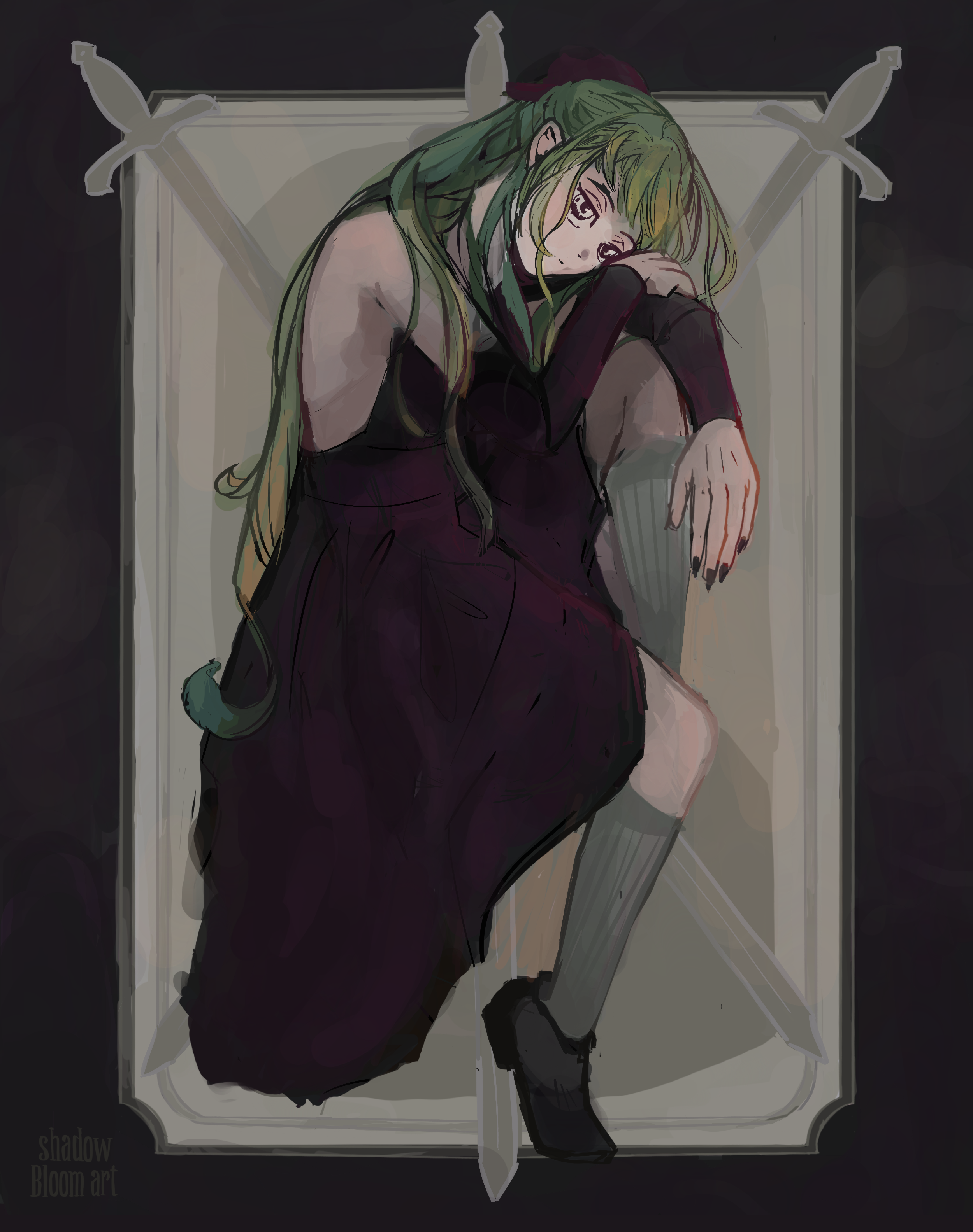 An illustration of a woman with green hair and a magenta dress lealing her head on her knee, in front of a three of swords tarot card.