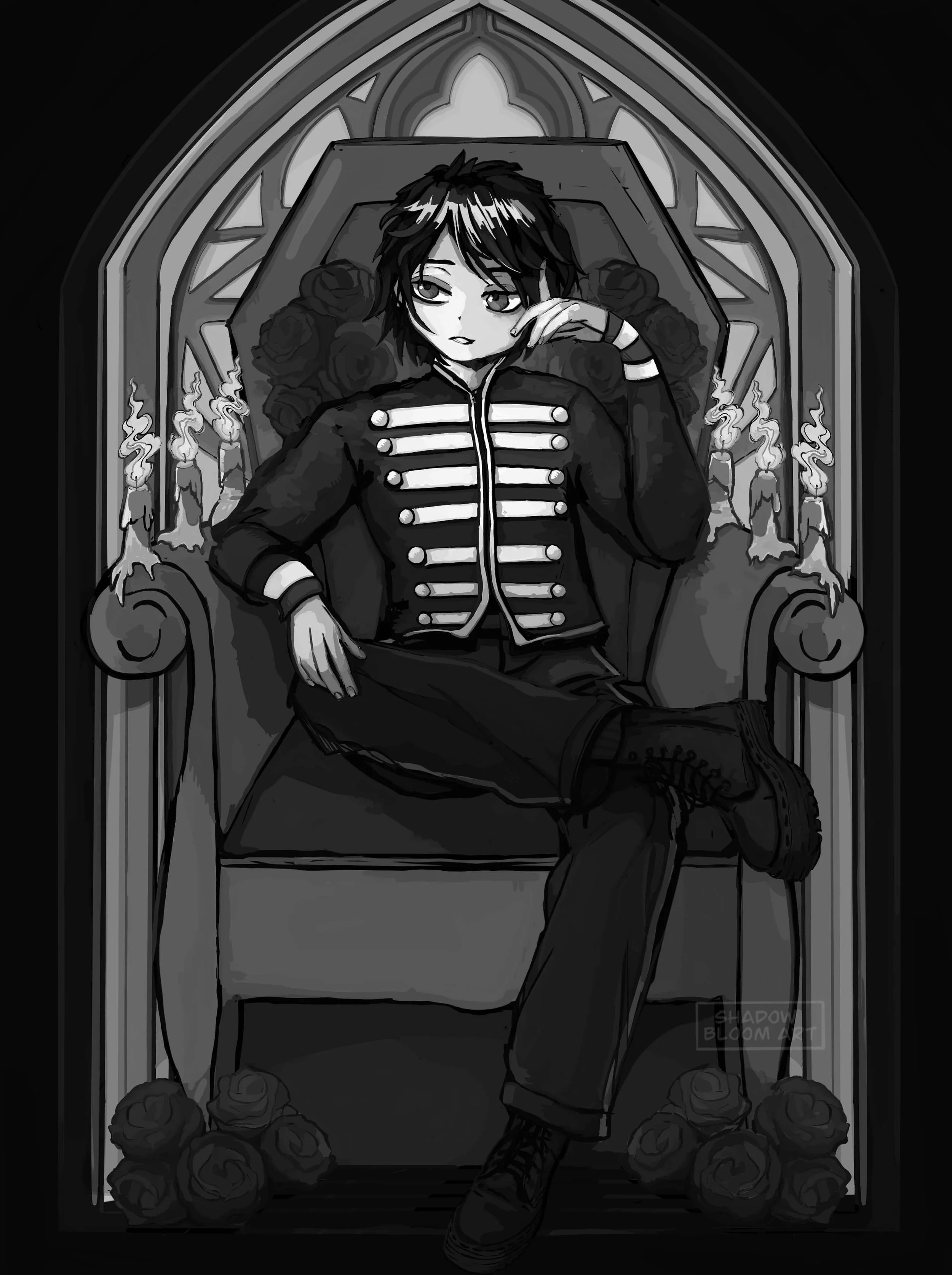 A monochormatic version of the MCR fanart piece where Gerard Way sits on a chair, a church window behind him
