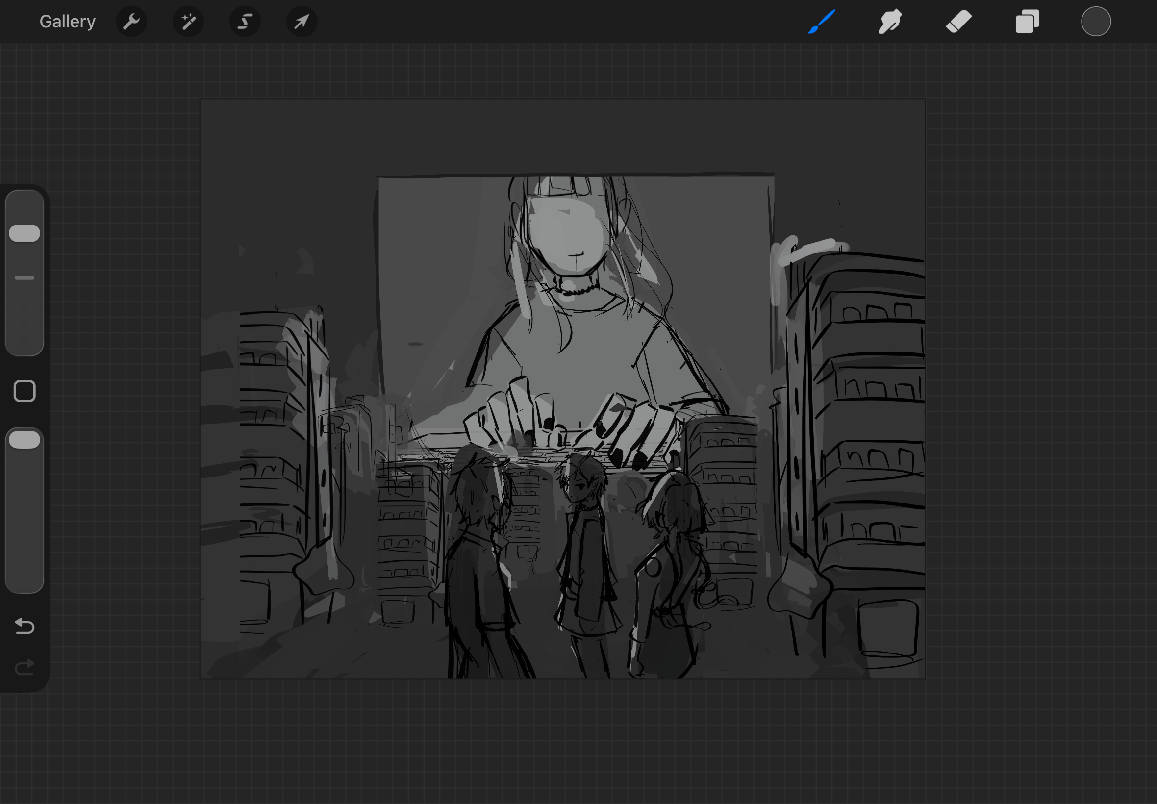 sketch of the artwork. Three characters stand on a city street, with a portal in the sky that shows a person writing on their laptop.