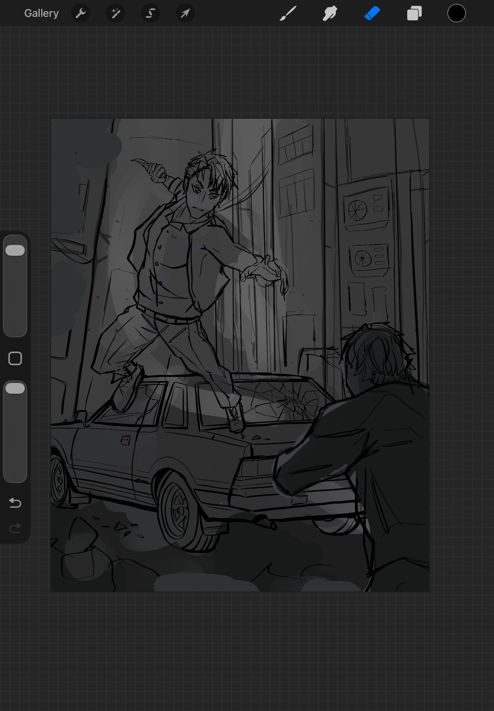 The value sketch of digital illustration of Kaul Hilo from Jade City by Fonda Lee. It shows Hilo jumping off a car in a fight with Gam Oben.