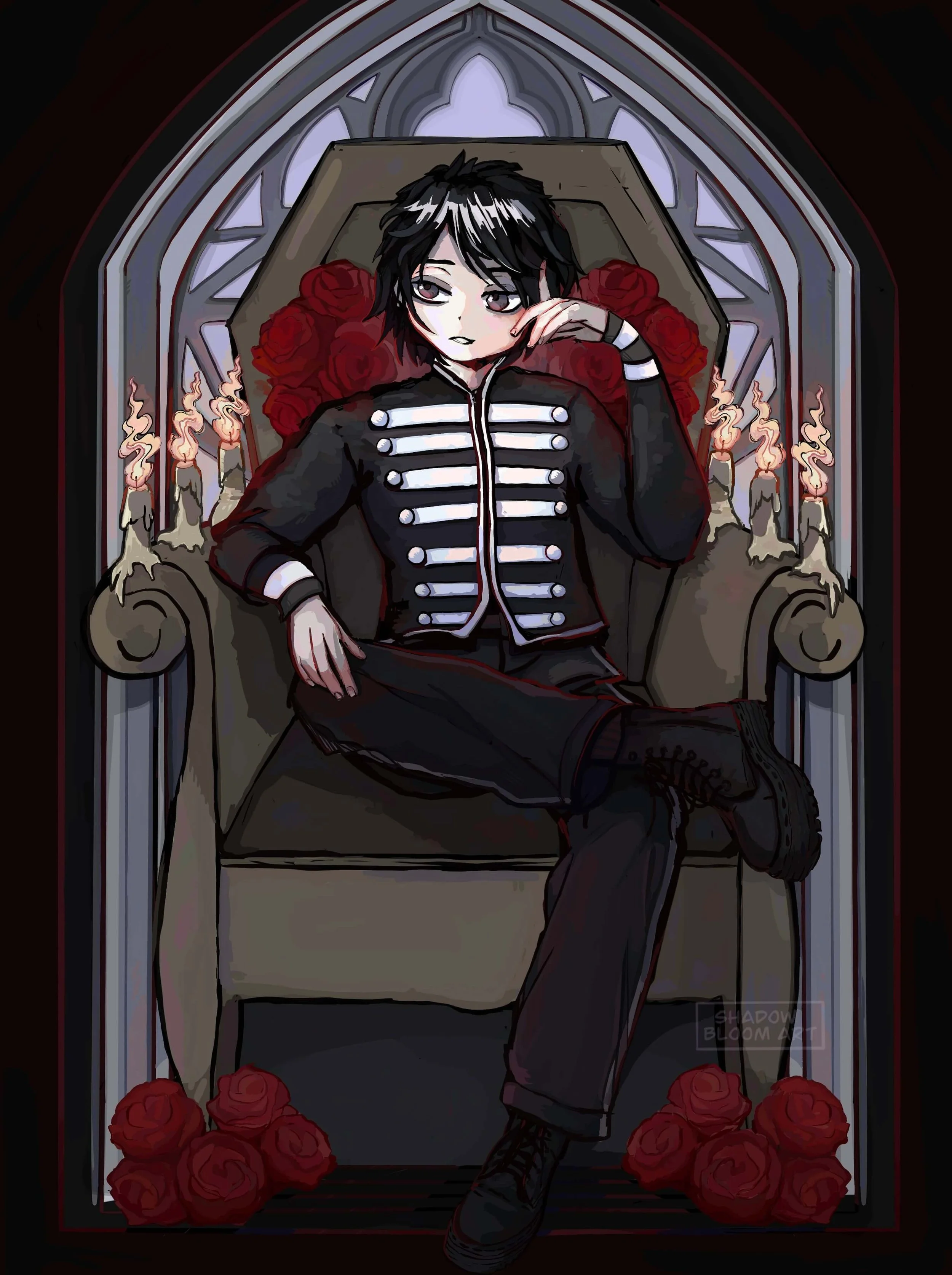 A digital drawing of Gerard Way from My Chemical Romance where he sits on a big chair in front of a church window. The style is very gothic, the palette defined by black and red.