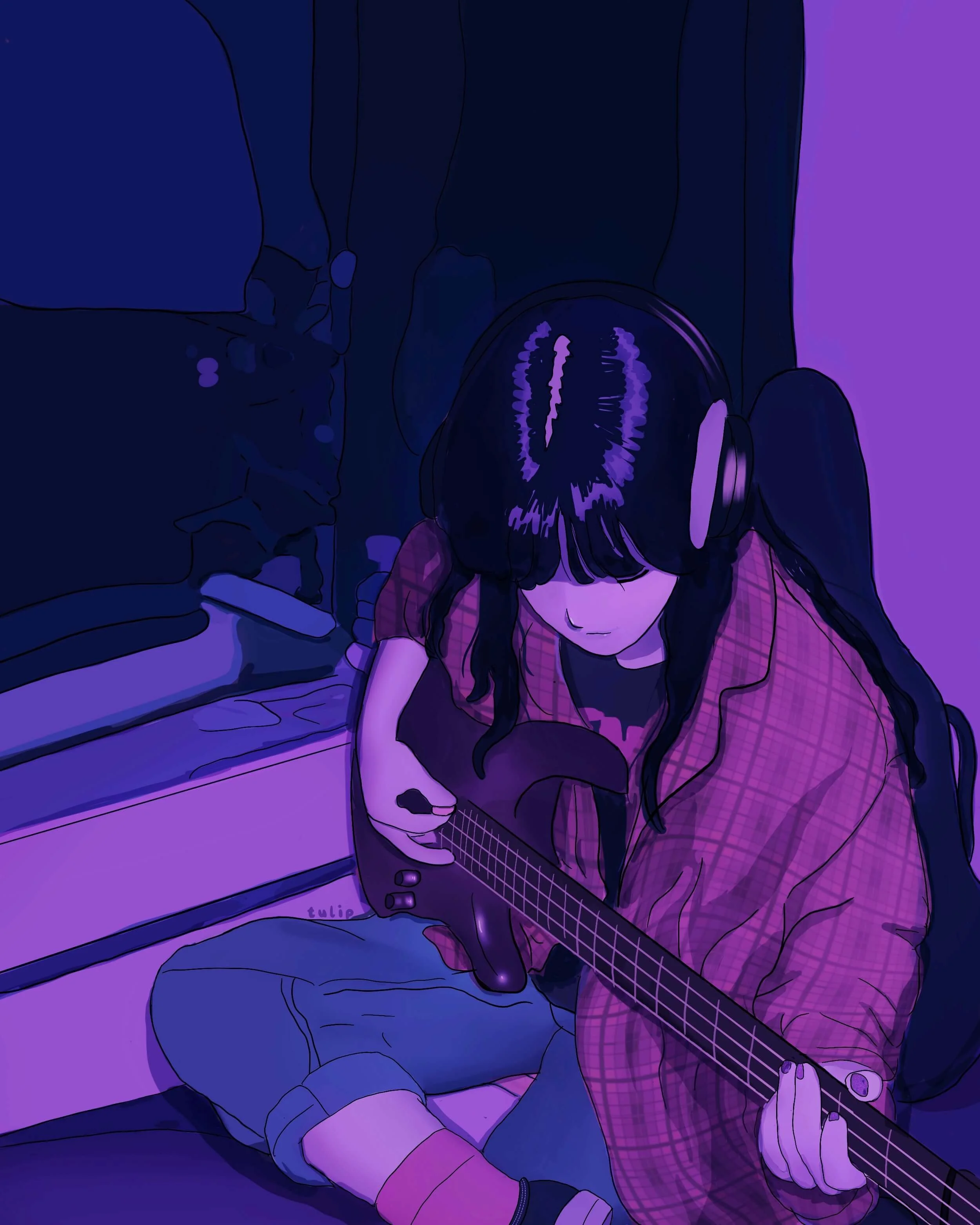A digital illustration of a girl sitting on the floor playing an electric bass, wearing headphones and a red plaid shirt, in a room with a dark purple and blue color scheme.
