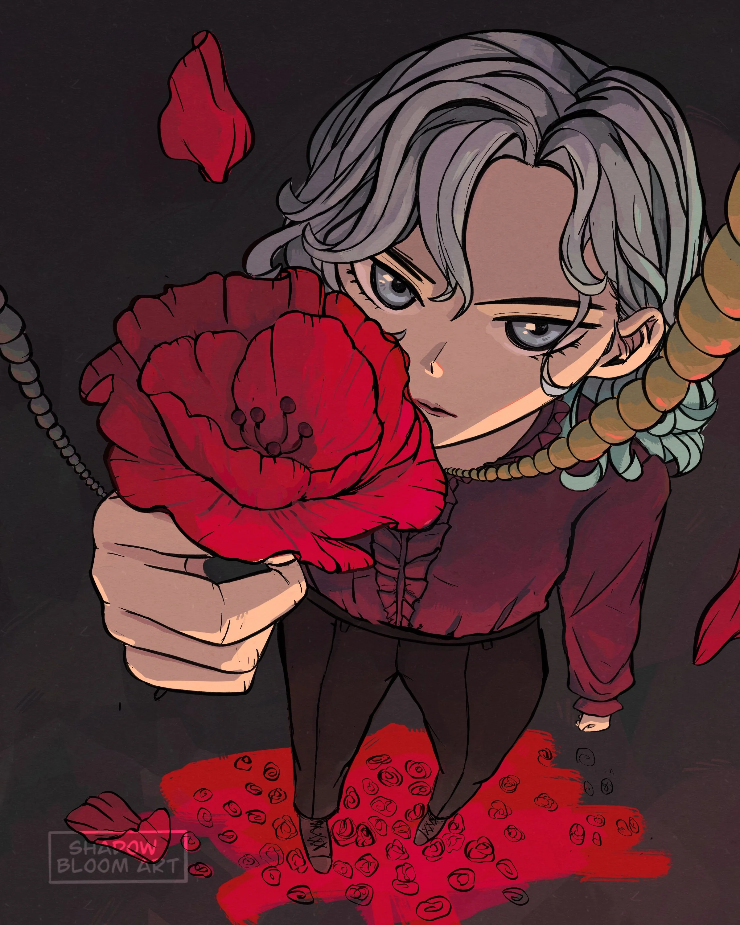 Digital illustration and fanart piece of Paige Mahoney from The Bone Season by Samantha Shannon. Paige has silver-blonde hair, she stands in her dreamscape and holds her poppies up to the viewer. The scene is very dark and red, because her aura has a