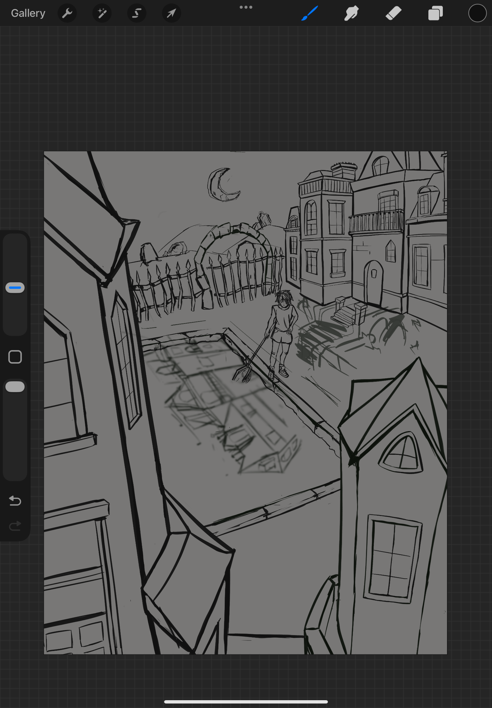 The lineart of a digital illsutration of a pool boy at a vampire mansion.