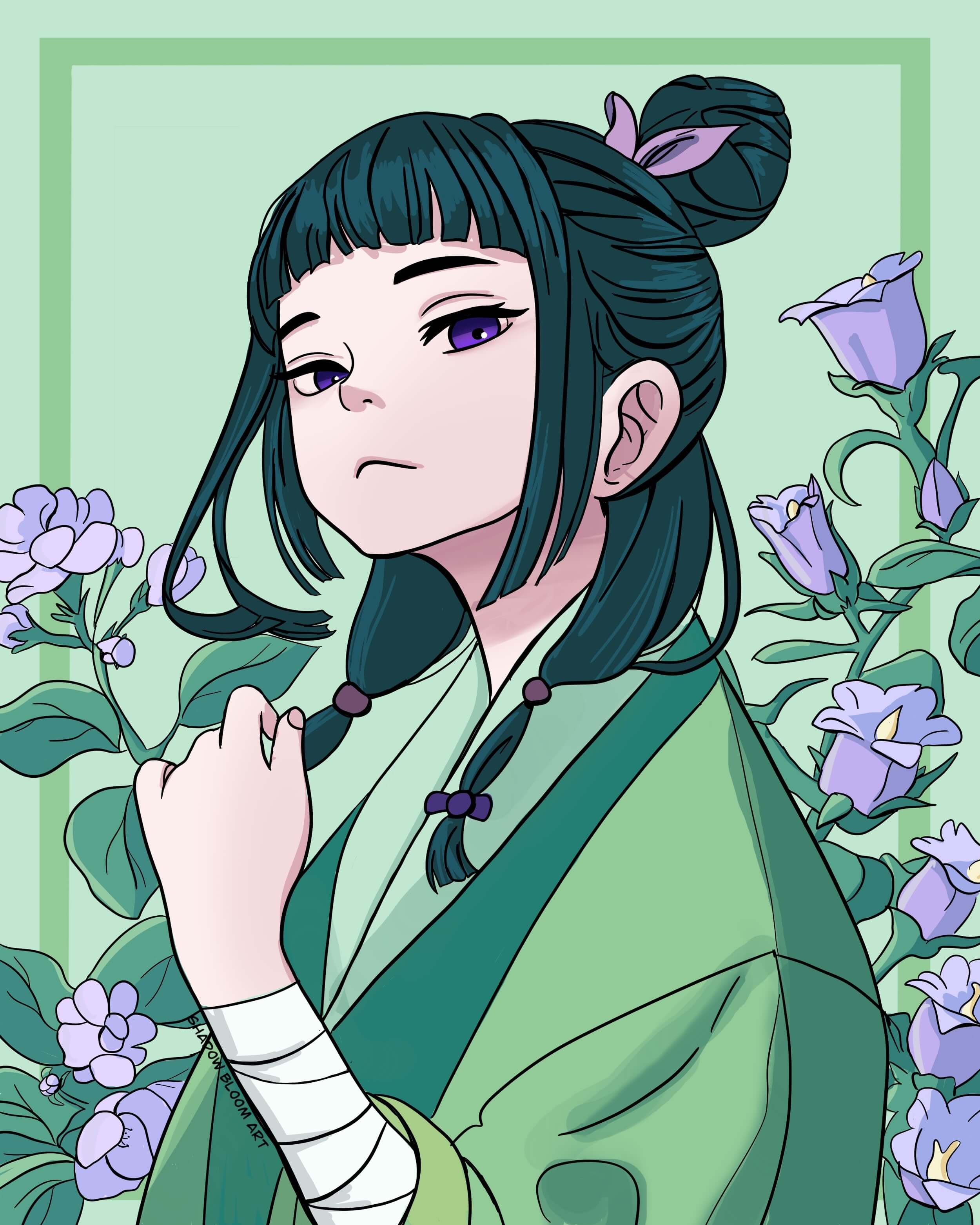 A digital illustration and fanart piece of Maomao from The Apothecary Diaries. It shows her with her dark teal hair in a bun with a purple ribbon, wearing a traditional green kimono with floral patterns, surrounded by purple flowers.