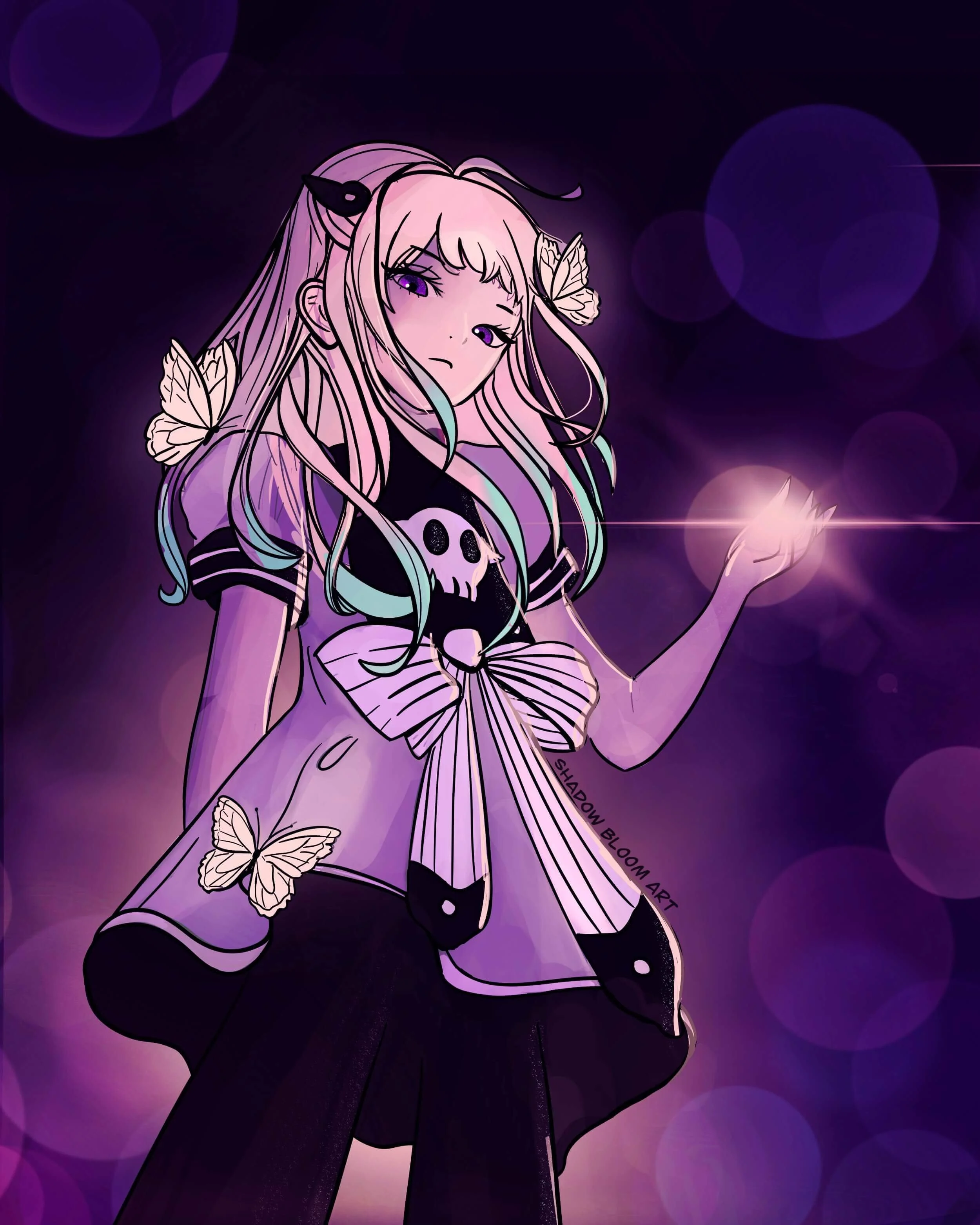 Atmospheric fanart piece of Nene Yashiro from Toilet-bound hanako-kun. She has long, multicolored hair, purple eyes, wearing a black and purple outfit with a skull and butterfly design, holding a glowing light, against a dark, bokeh background.
