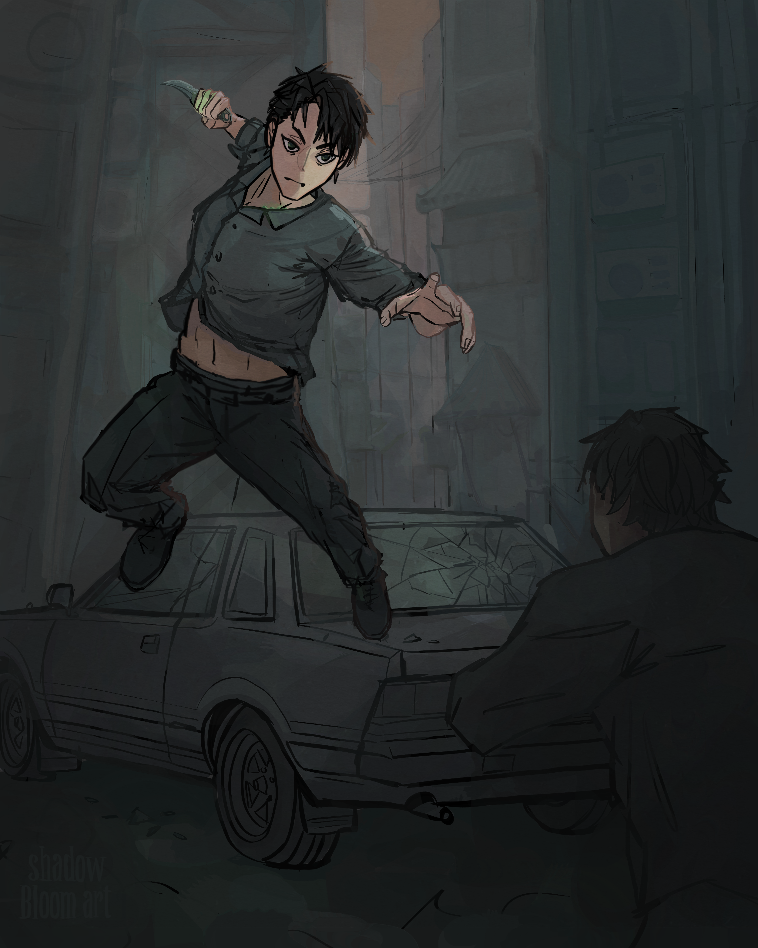 A digital illustration of Kaul Hilo from Jade City by Fonda Lee. It shows Hilo jumping off a car in a fight with Gam Oben.