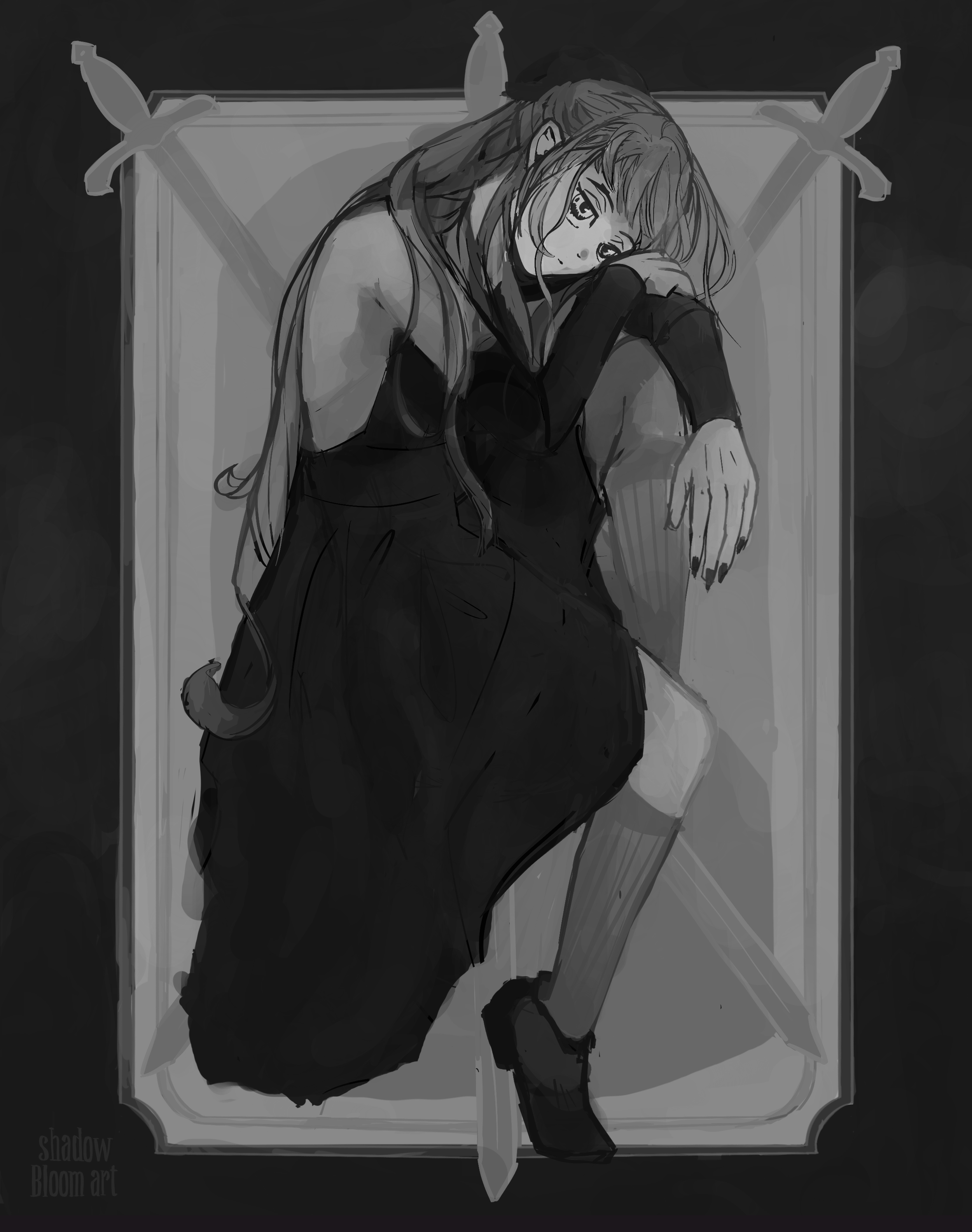 A greysale illustration of a woman in a dress lealing her head on her knee, in front of a three of swords tarot card.
