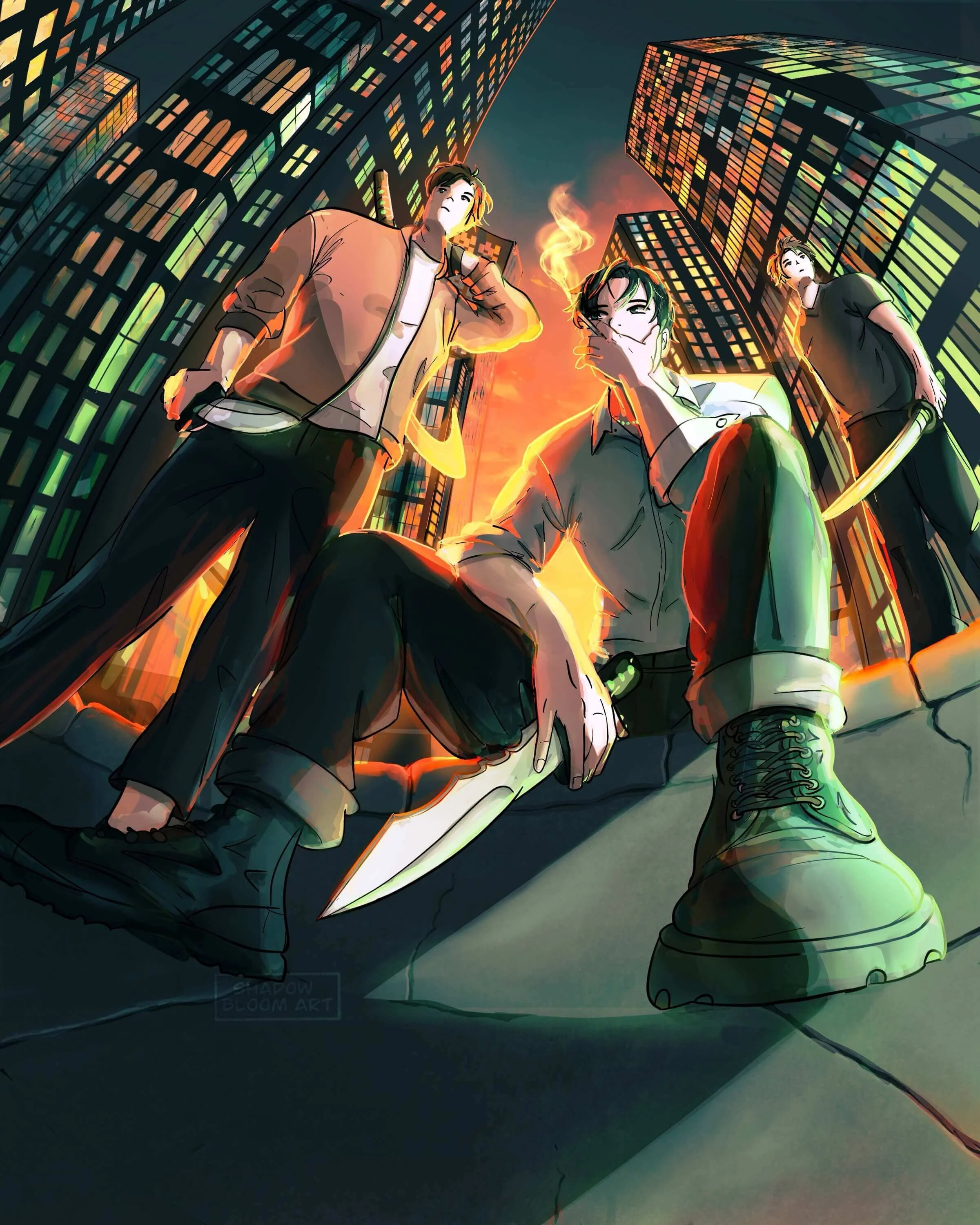Three young men with dark hair and casual clothing in a cityscape at sunset, with tall illuminated buildings in the background. The central figure is sitting on the ground with a knife, has one hand on his chin, and is wearing a gray shirt and green pants. The man to his left stands with one hand in his pocket and a glowing ring around his wrist, wearing a brown jacket and black pants. The man to his right leans against a building, holding a sword, wearing a black T-shirt and black pants. The scene has a dynamic, stylized art style with vibrant lighting and dramatic poses.