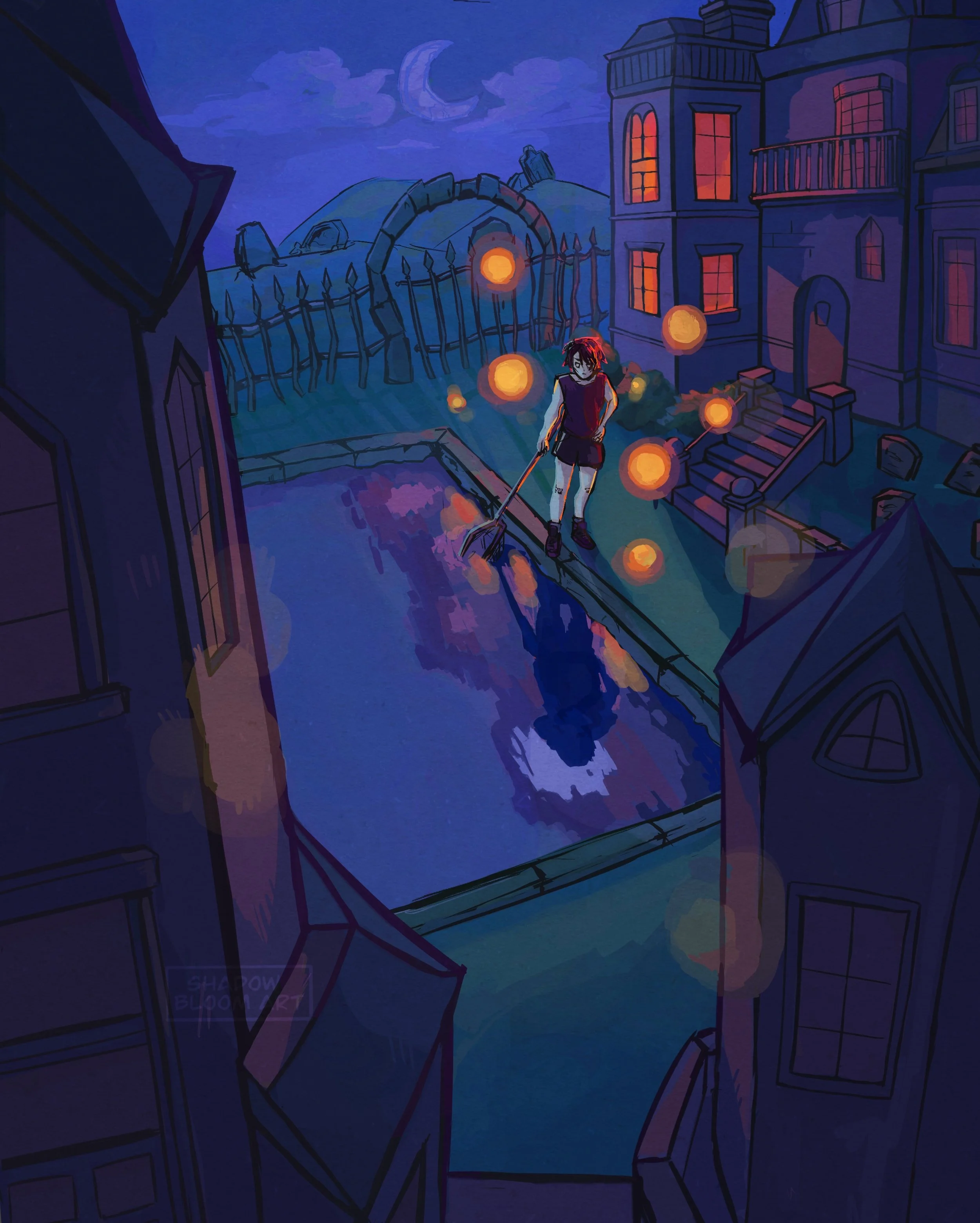 A digital illsutration of a pool boy at a vampire mansion.