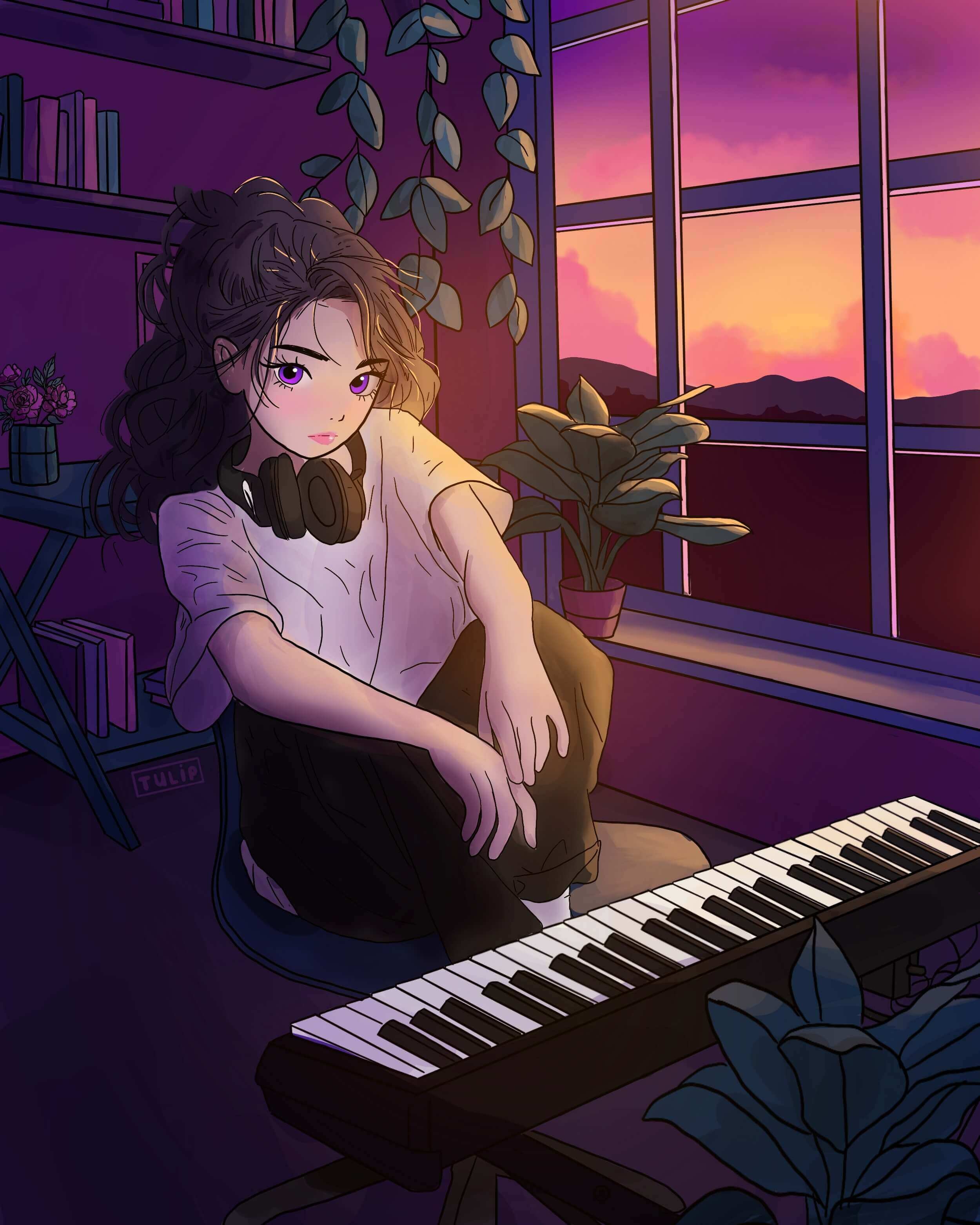 A Anime-style digital illustration of a girl with purple eyes, dark curly hair, wearing headphones around neck, sitting near a keyboard in a dimly lit room with potted plants, bookshelves, and a large window showing a colorful sunset.