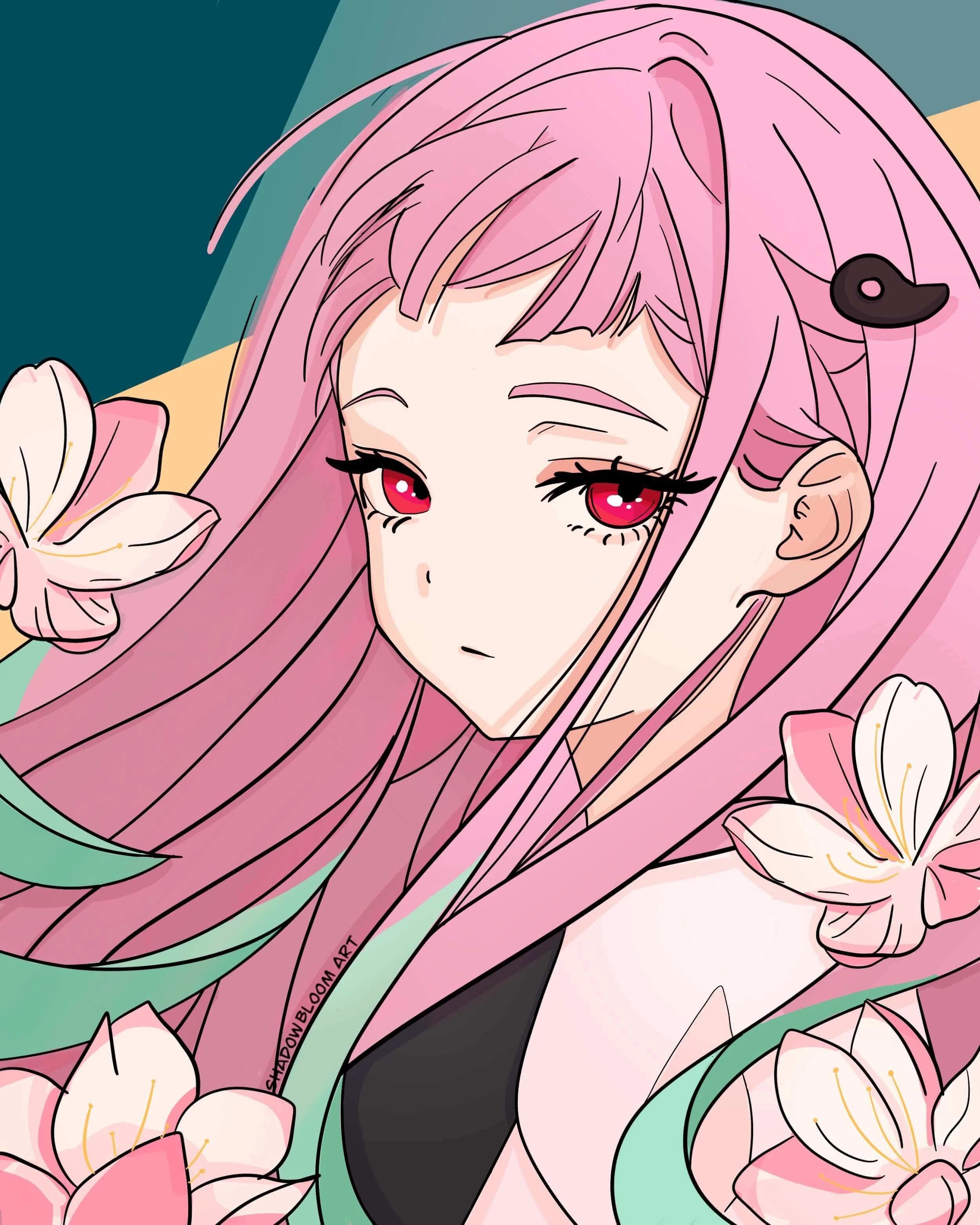 fanart piece of Nene Yashiro from Toilet-bound hanako-kun. She has long pink hair, red eyes, and a black hairpin, surrounded by pink and white flowers. Her expression is melancholic.