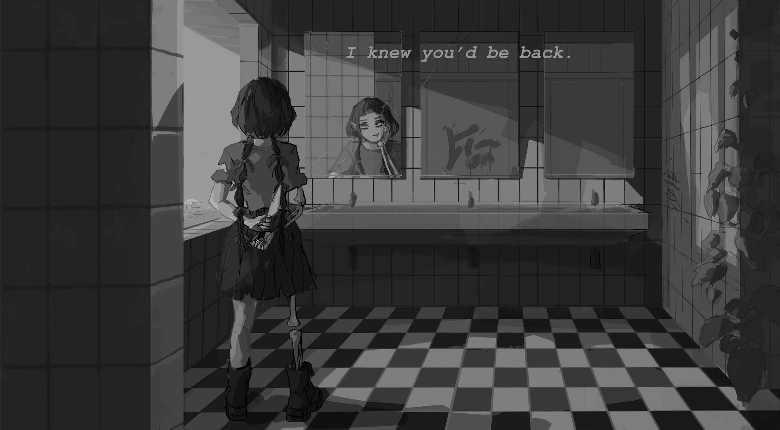 greyscale version of a school bathroom with a half-sceletton girl looking into the mirror, and her reflection is separate from her and smiles at her. Text on the image says "I knew you'd be back"