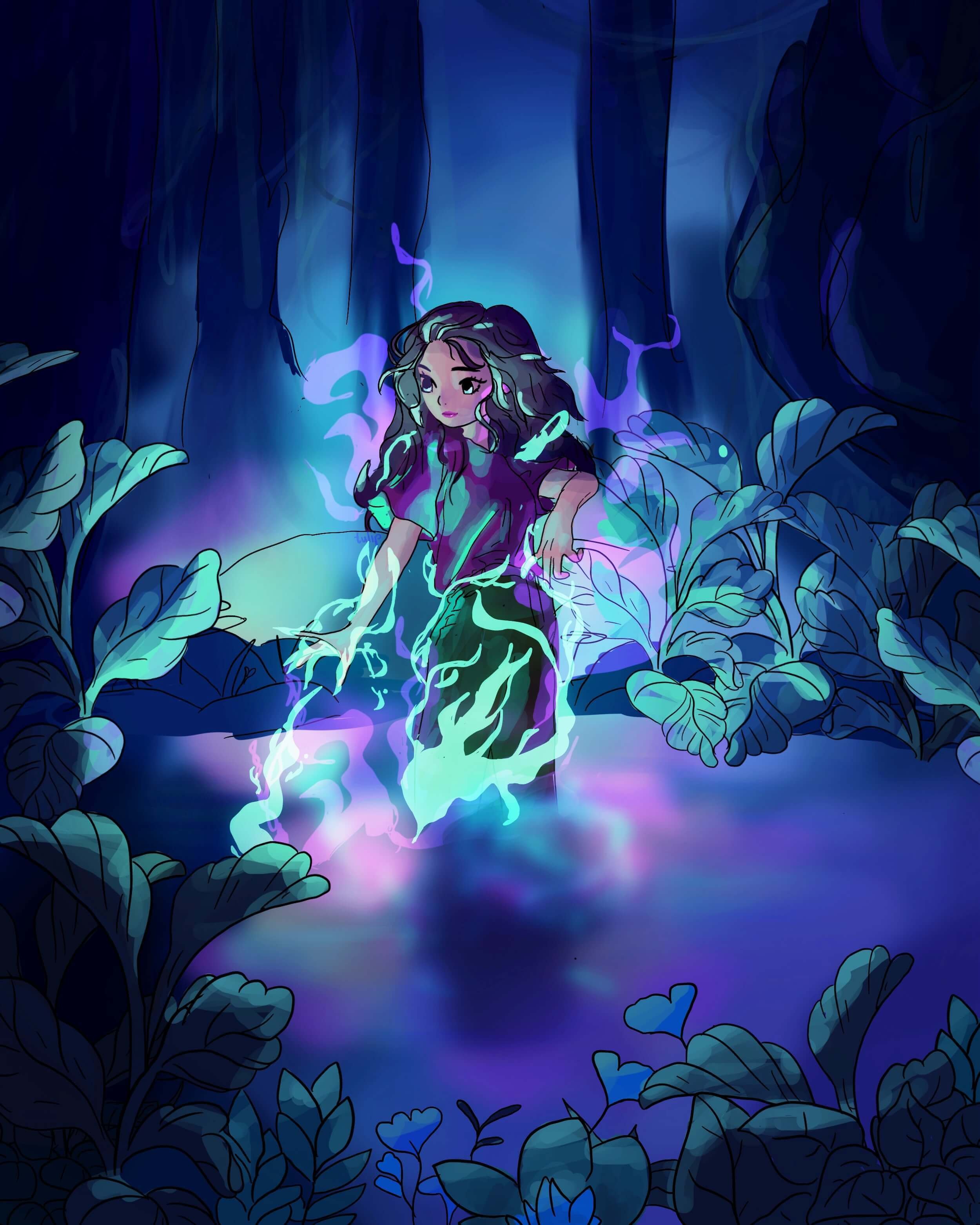 A digital illustration of a girl standing in a mystical forest surrounded by large leaves, with glowing vapor and magical energy emanating from her hand, illuminated by a blue and purple glow.