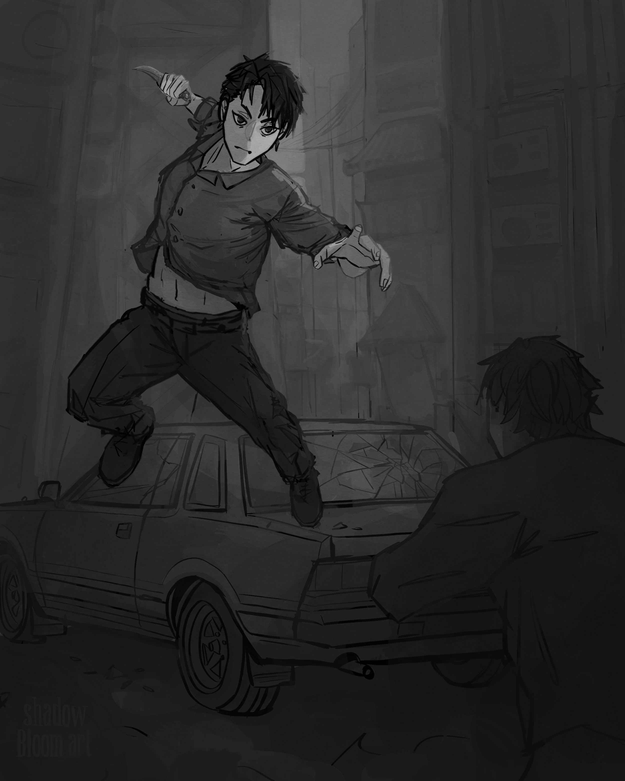 The greyscale version of a digital illustration of Kaul Hilo from Jade City by Fonda Lee. It shows Hilo jumping off a car in a fight with Gam Oben.