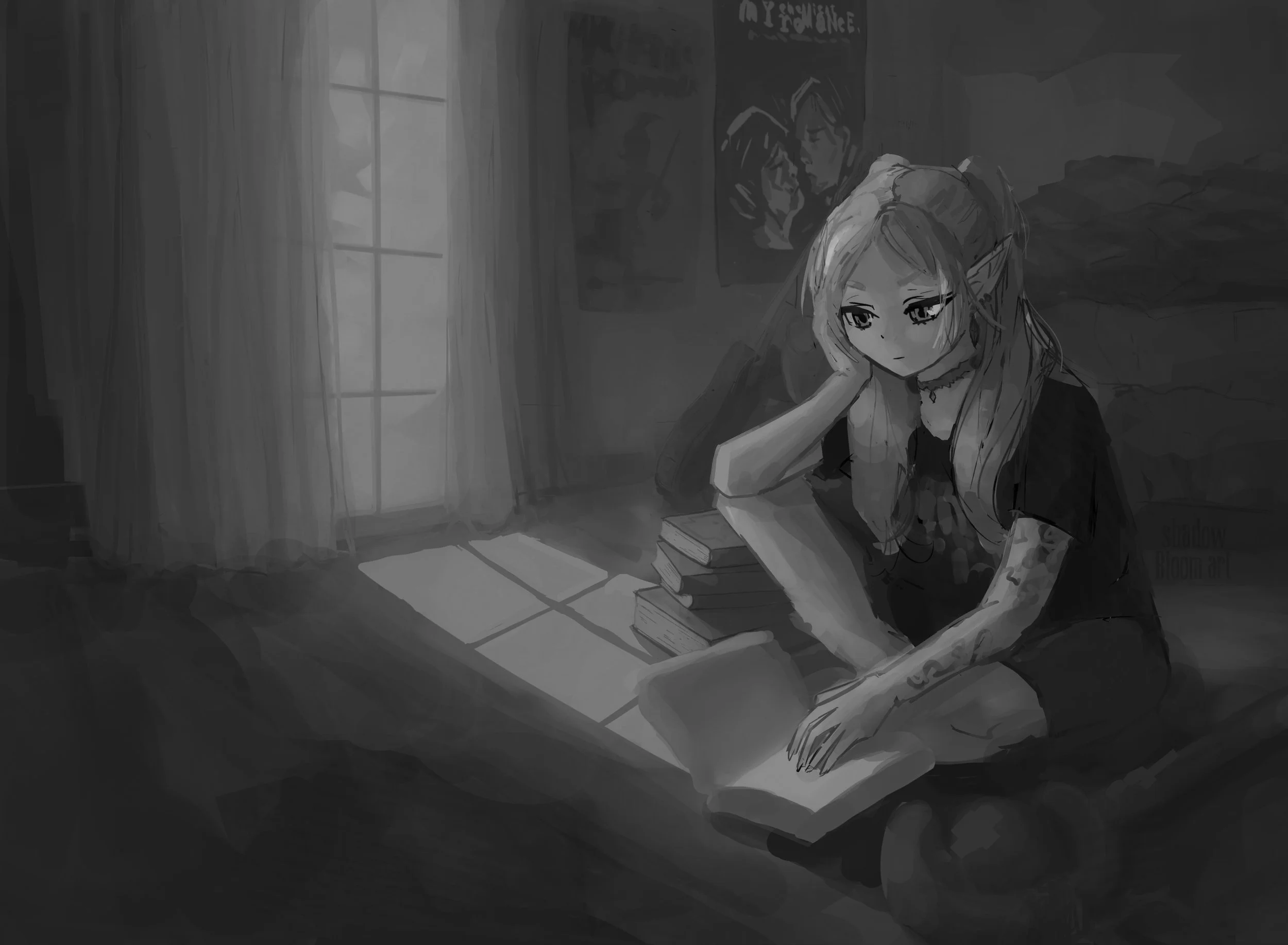 a greyscale version of the Frieren fanart piece, showing her reading a book in a room with my chemical romance posters