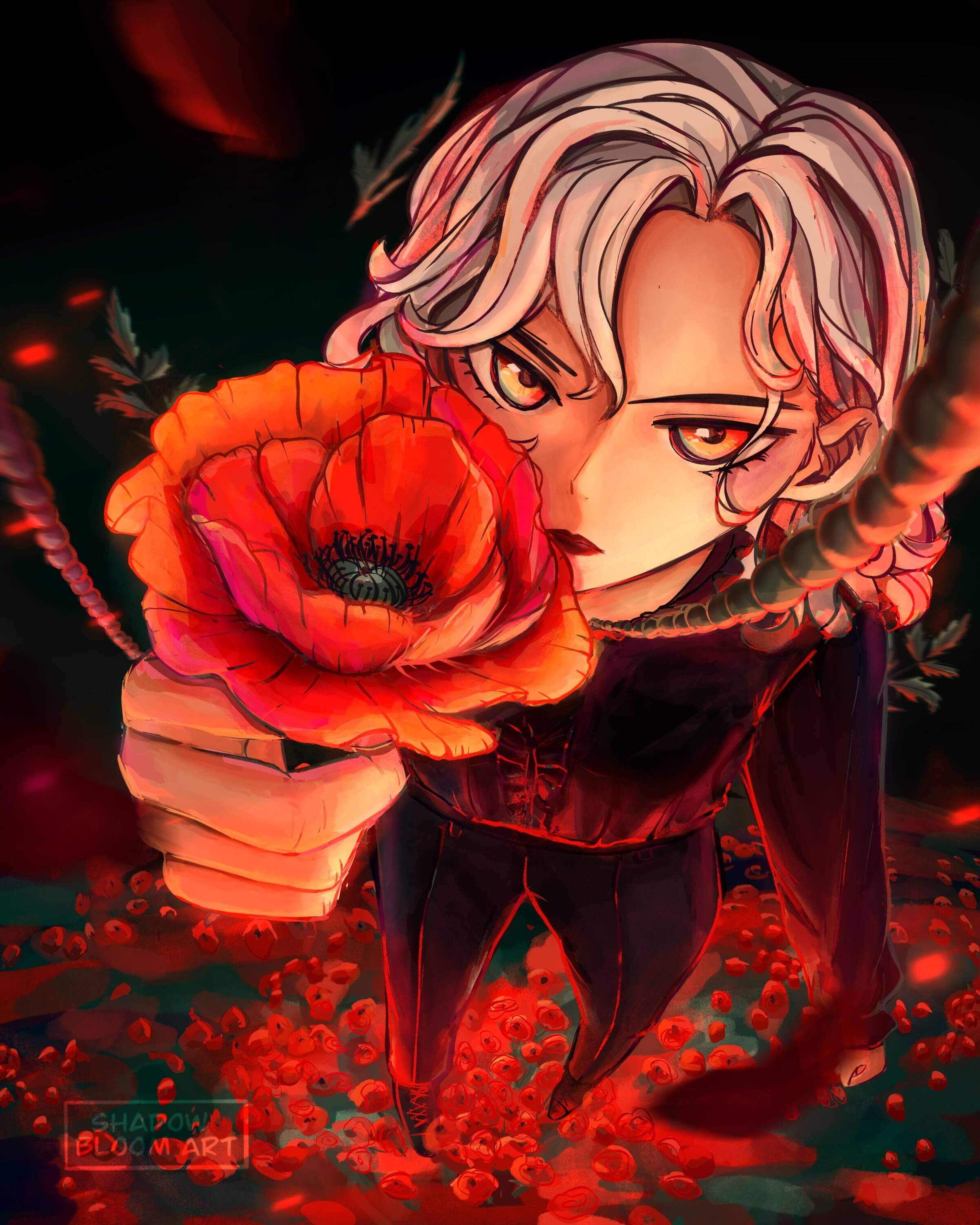 Digital illustration of a character with silver hair, holding a large red poppy flower, with dark background and glowing red accents.