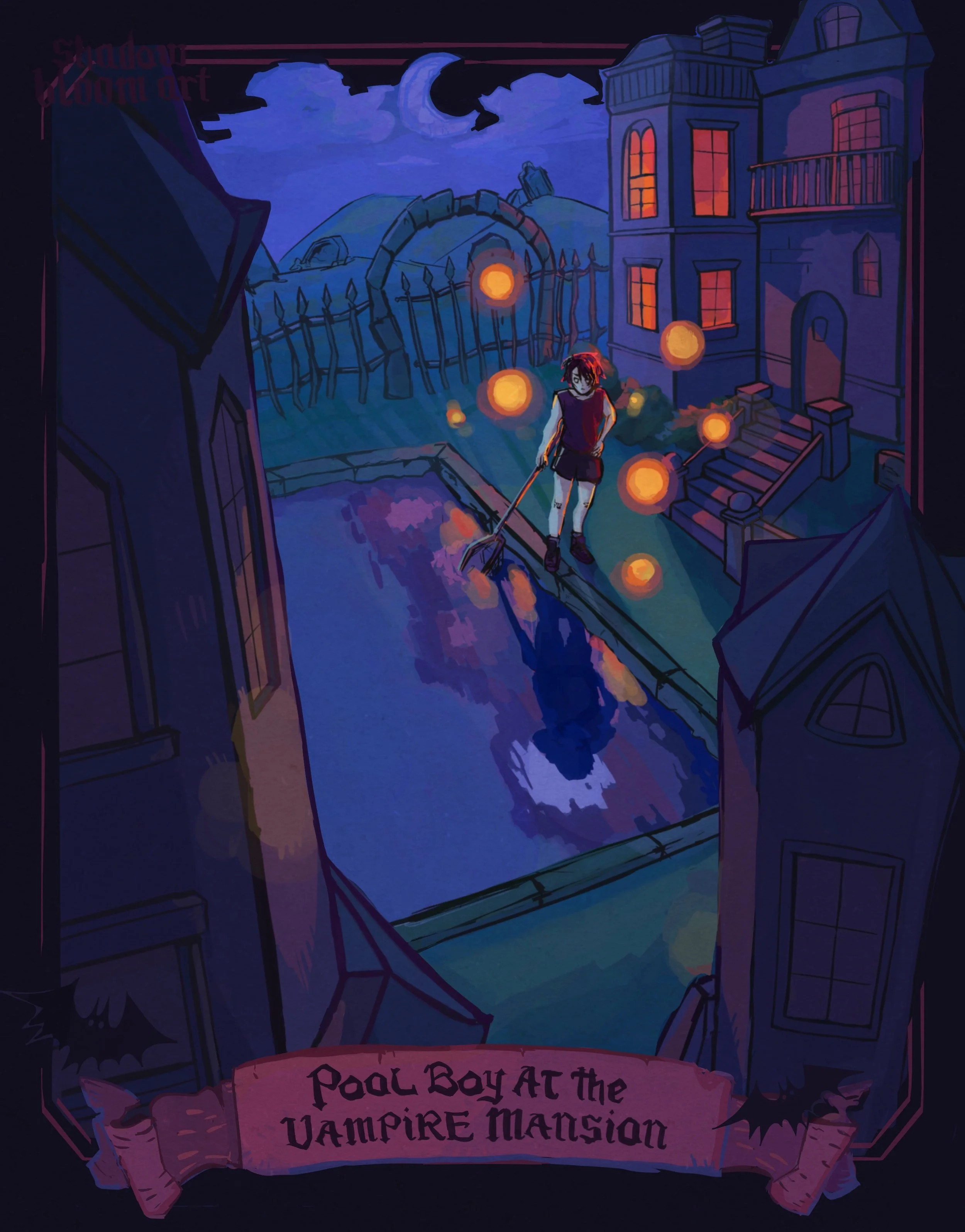 A digital illsutration of a pool boy at a vampire mansion. A bow with the writing is placed at the bottom.
