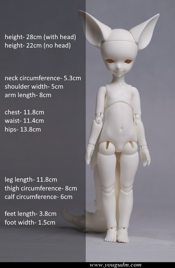 28cm fox girl body B6-04
 with magnetic tail
 $190 (£162) - white, normal, normal pink
 $245 (£209) - gray, light tan