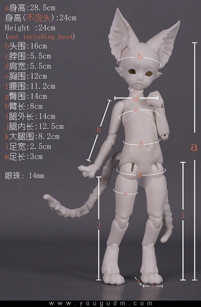 30cm cat girl body B6-14
 with magnetic tail
 $220 (£188) - white, normal, normal pink
 $275 (£235) - gray, light tan