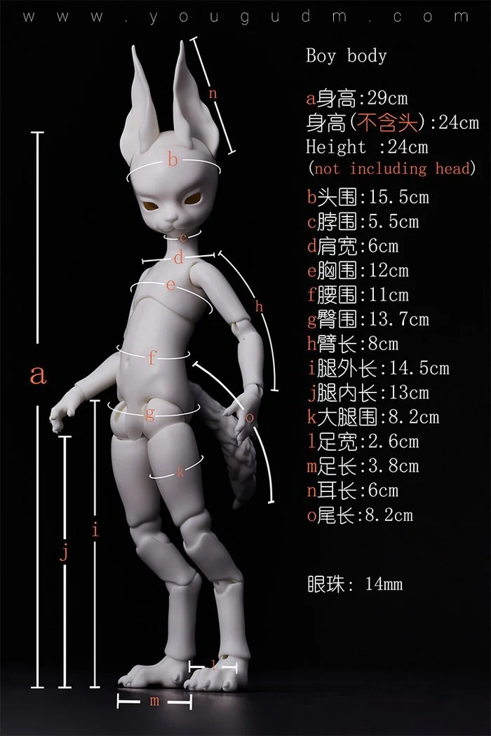30cm dog boy body B6-18
 with magnetic tail
 $220 (£188) - white, normal, normal pink
 $275 (£235) - gray, light tan