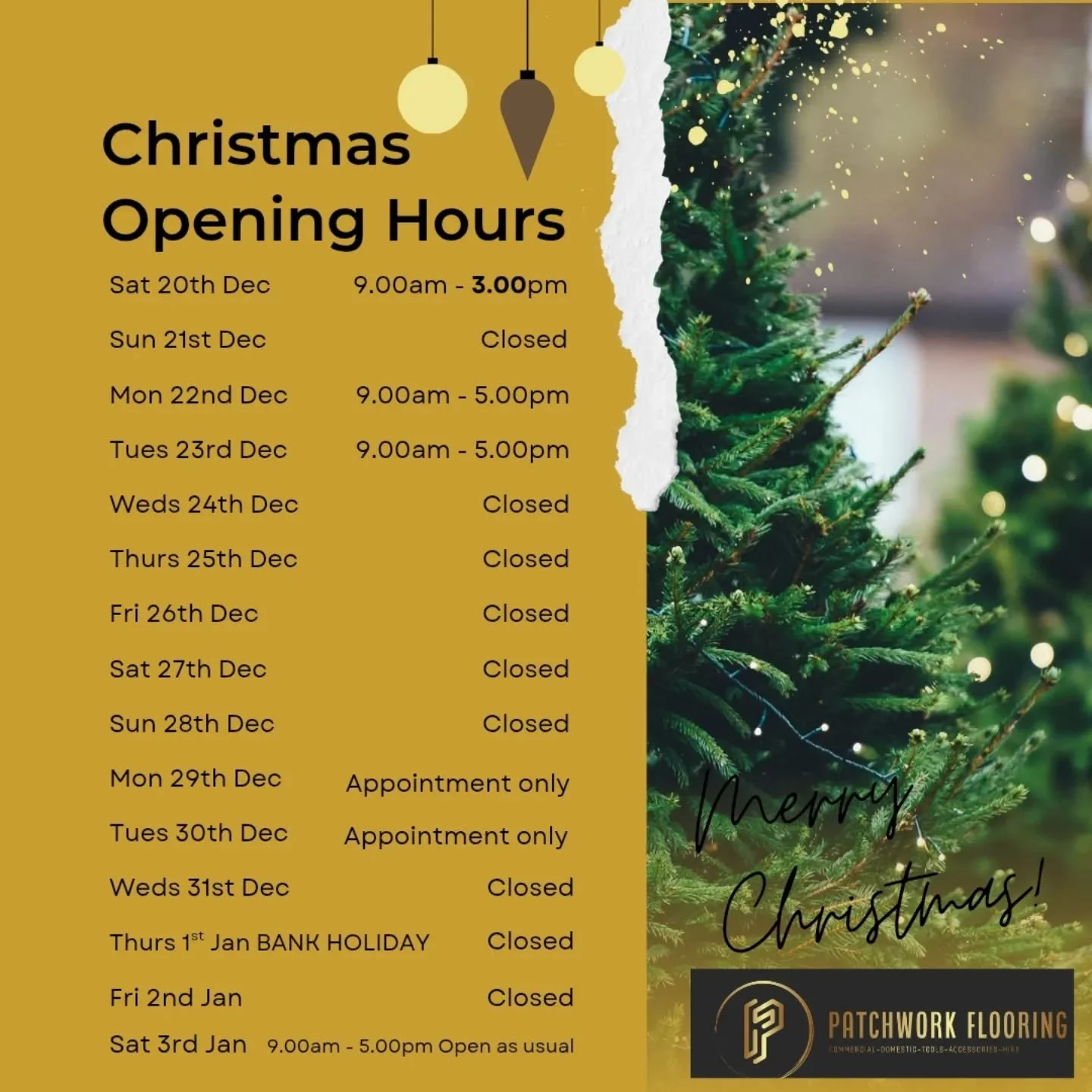 🎄 Festive Opening Hours Update 🎄

As we head into the Christmas break, we just wanted to keep all our lovely customers up to date with our festive opening hours 

🕒 Tomorrow: Closing early at 3:00pm
🚪 Sunday: Closed

📅 Monday 29th December &amp;