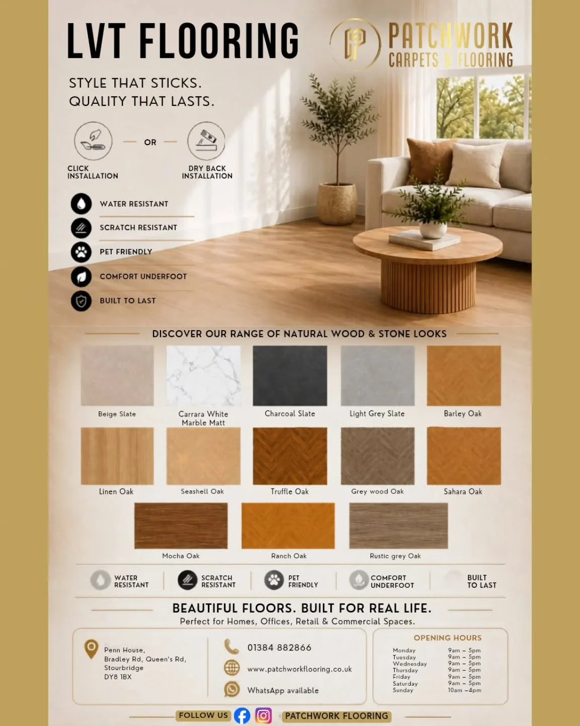 ✨ Discover the Patchwork LVT Collection ✨ 

Our exclusive Patchwork LVT Range has been carefully hand-picked to offer the perfect combination of style, practicality, and long-lasting performance. 

Whether you're looking for the warmth of natural woo