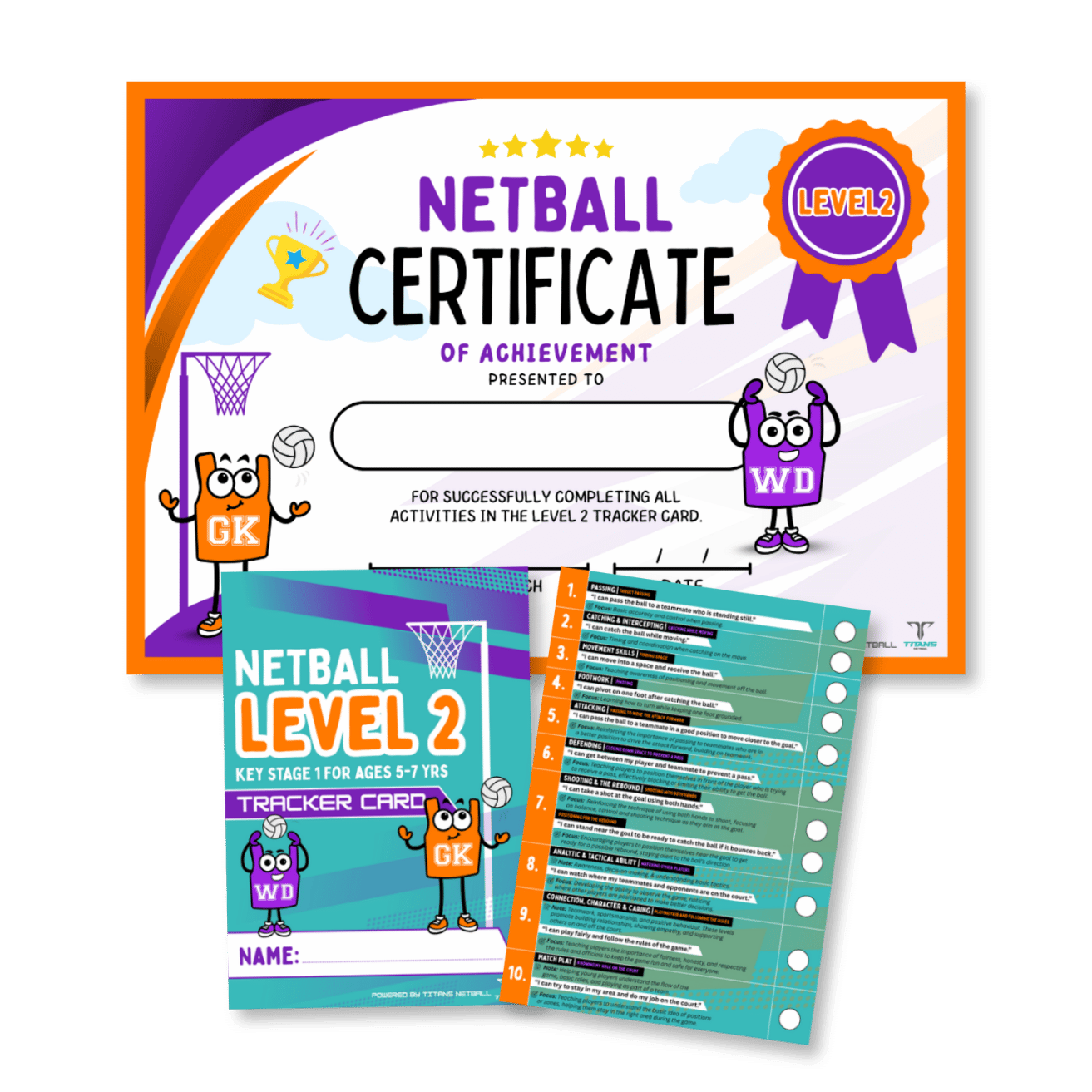 mini titans netball level 2 tracker card and certificte