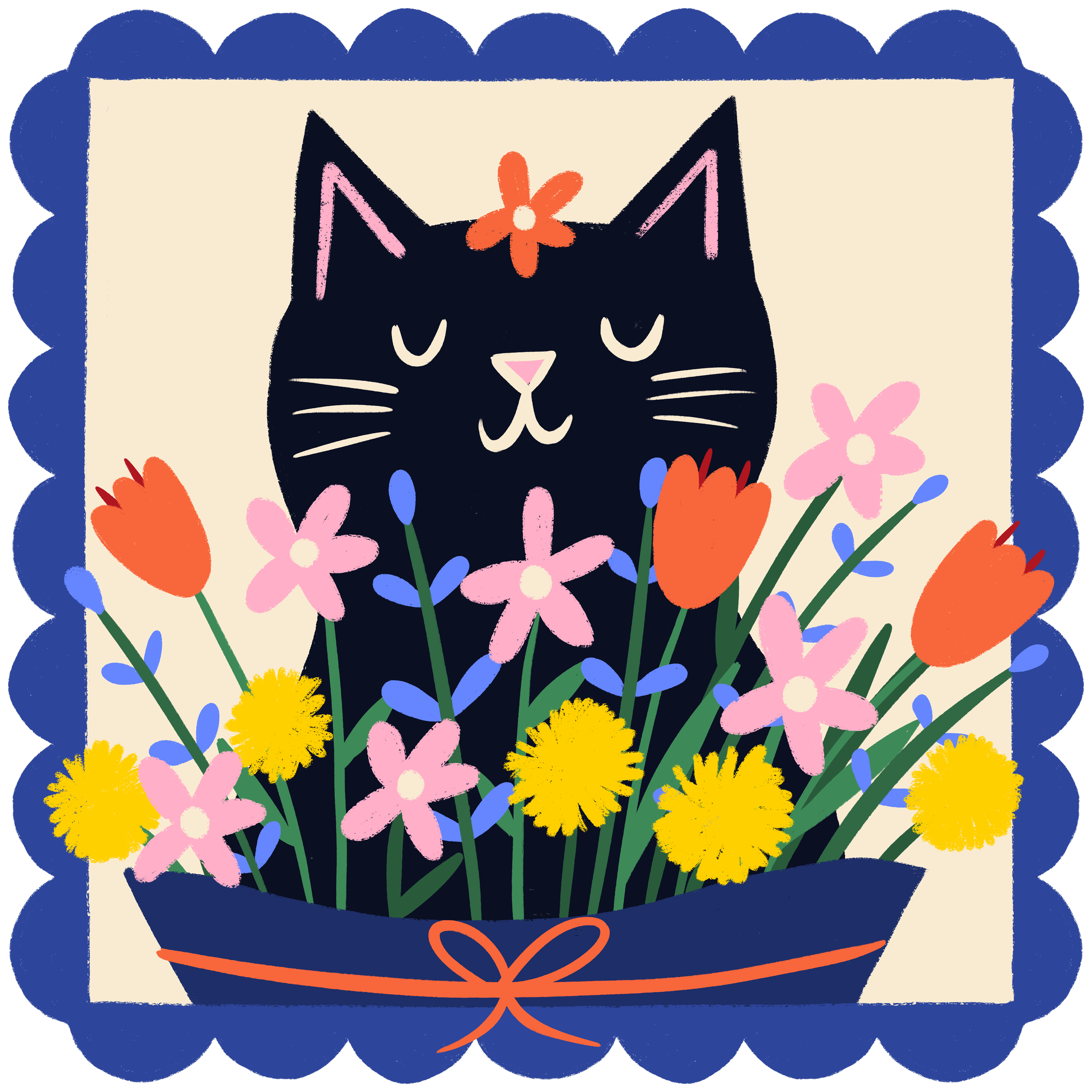 A black cat surrounded by colourful flowers.