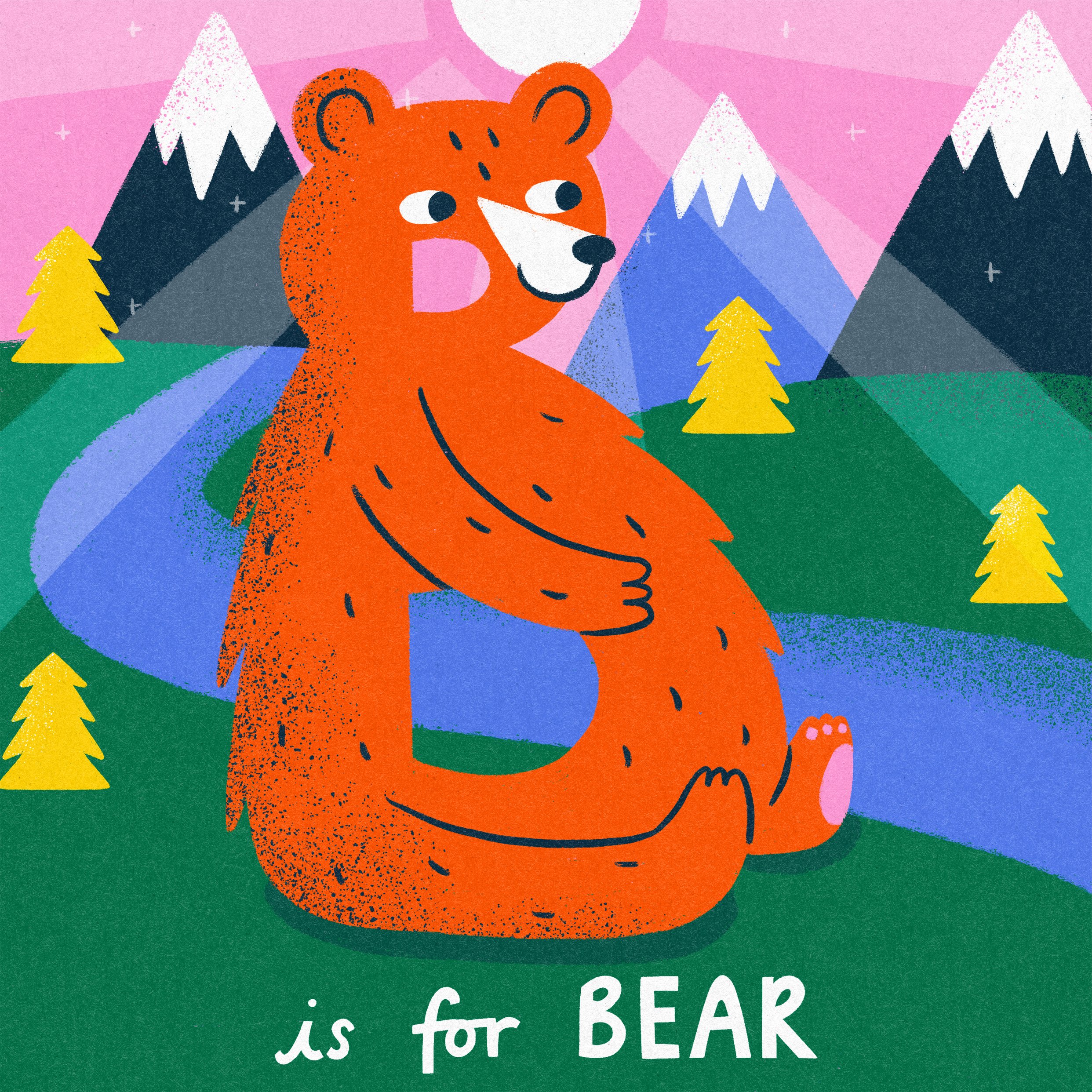 B is for Bear.  A bear in the shape of a letter B with a mountain background.