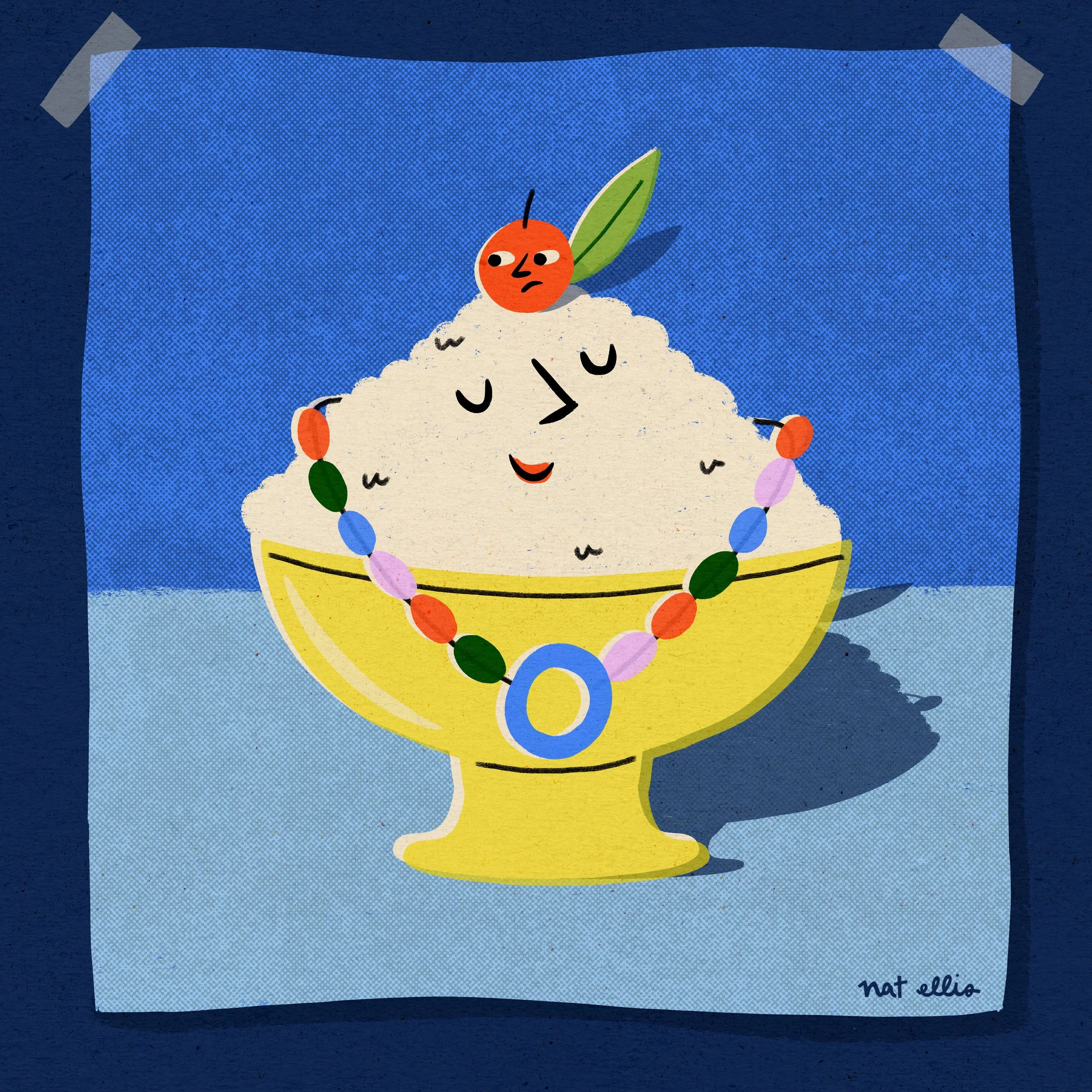 A proud characterised meringue with an unamused cherry on the top.