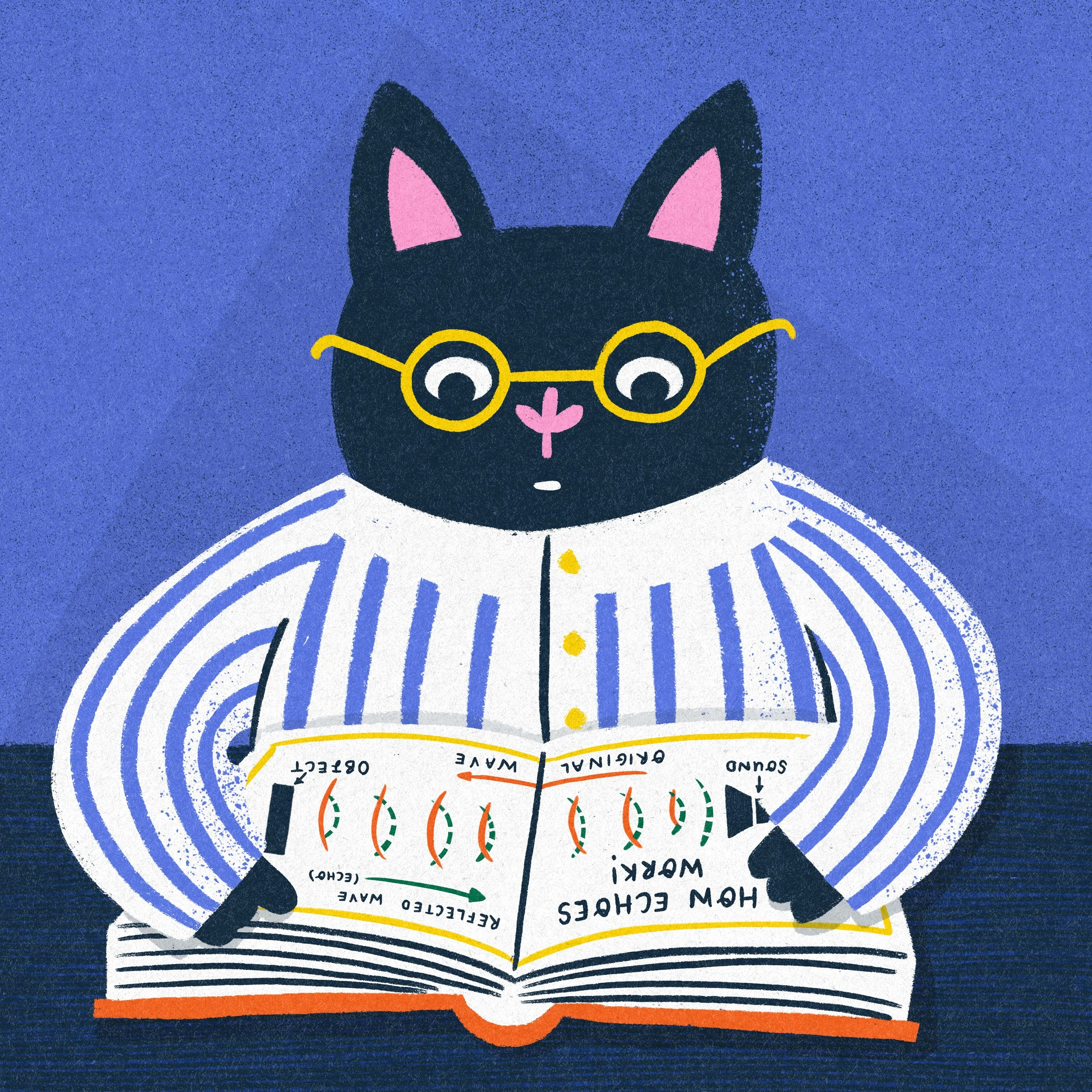 A little bat reading a book about echos.