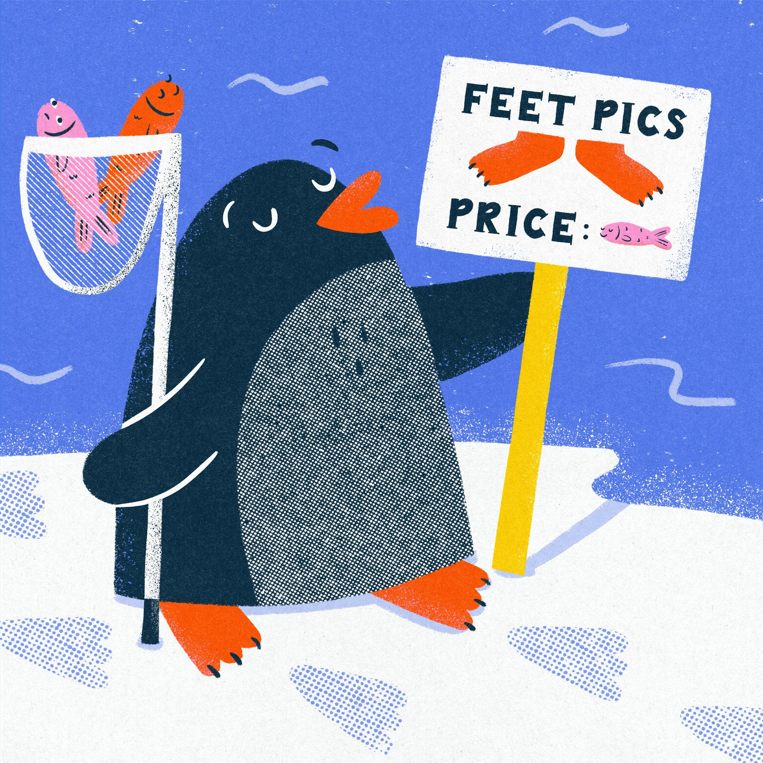 A penguin selling photo opportunities of it's feet in exchange for fish.