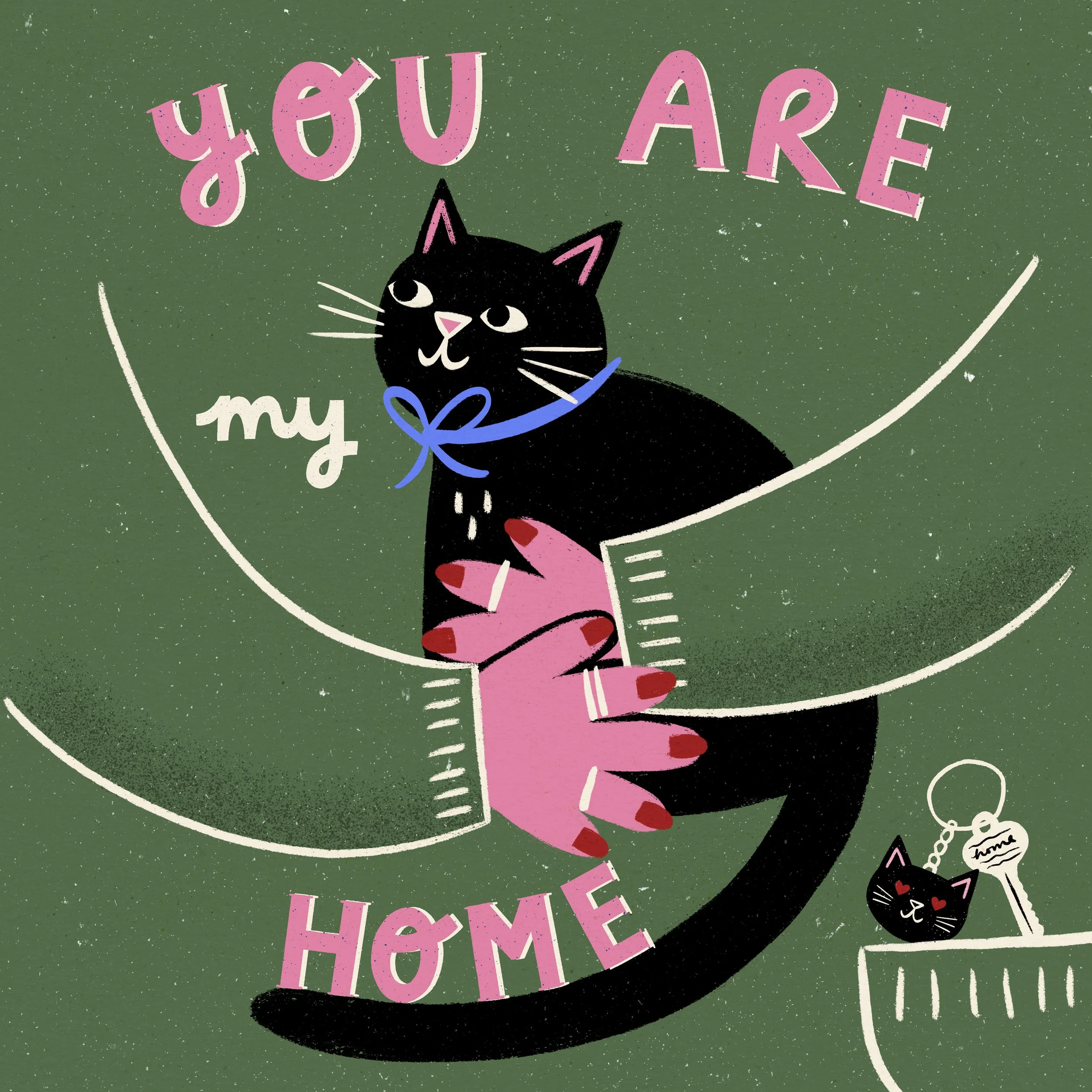 A black cat in humans arms with the slogan, 'You are my Home'.