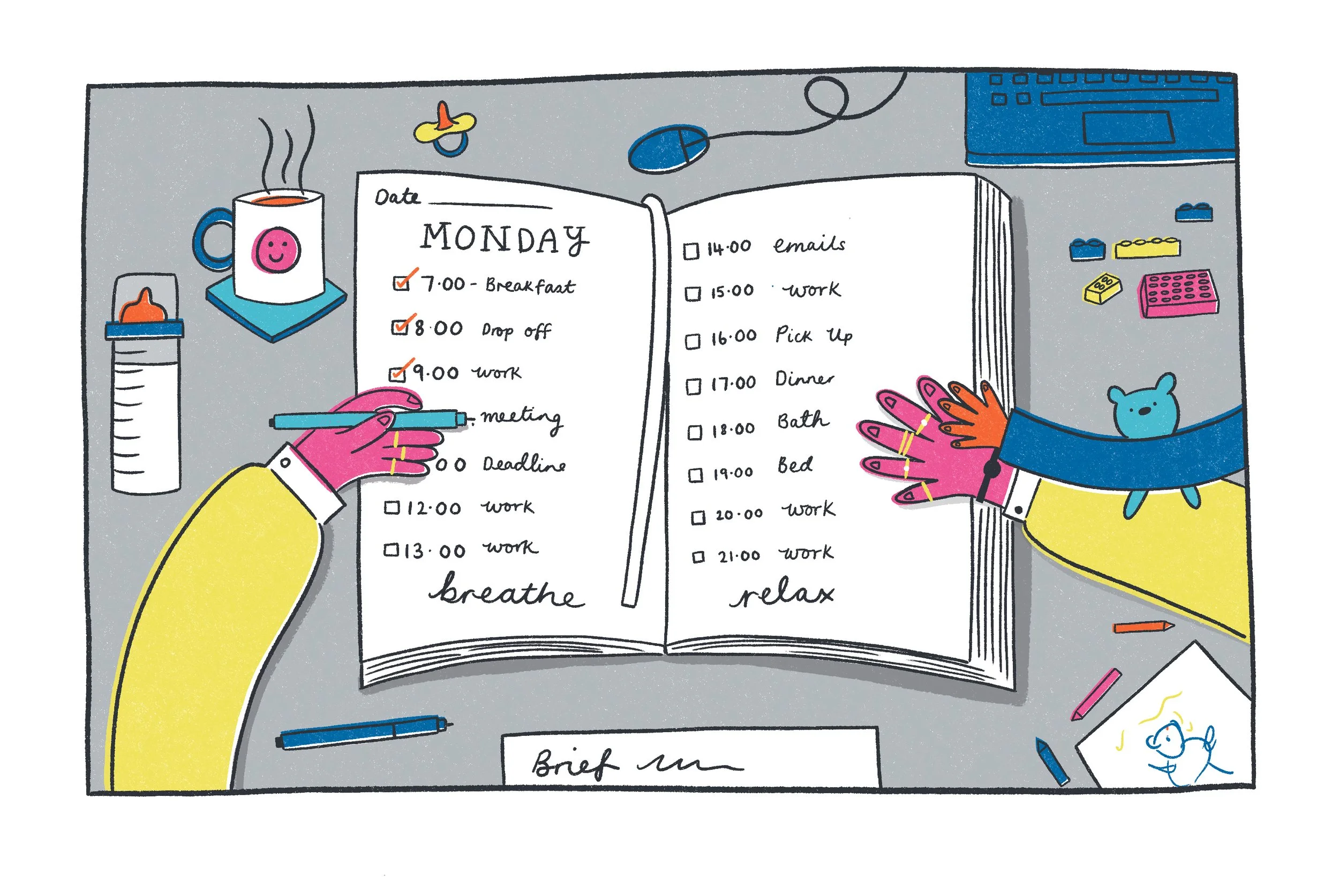 A woman's arms planning out her work/ life balance alongside a child's arm.