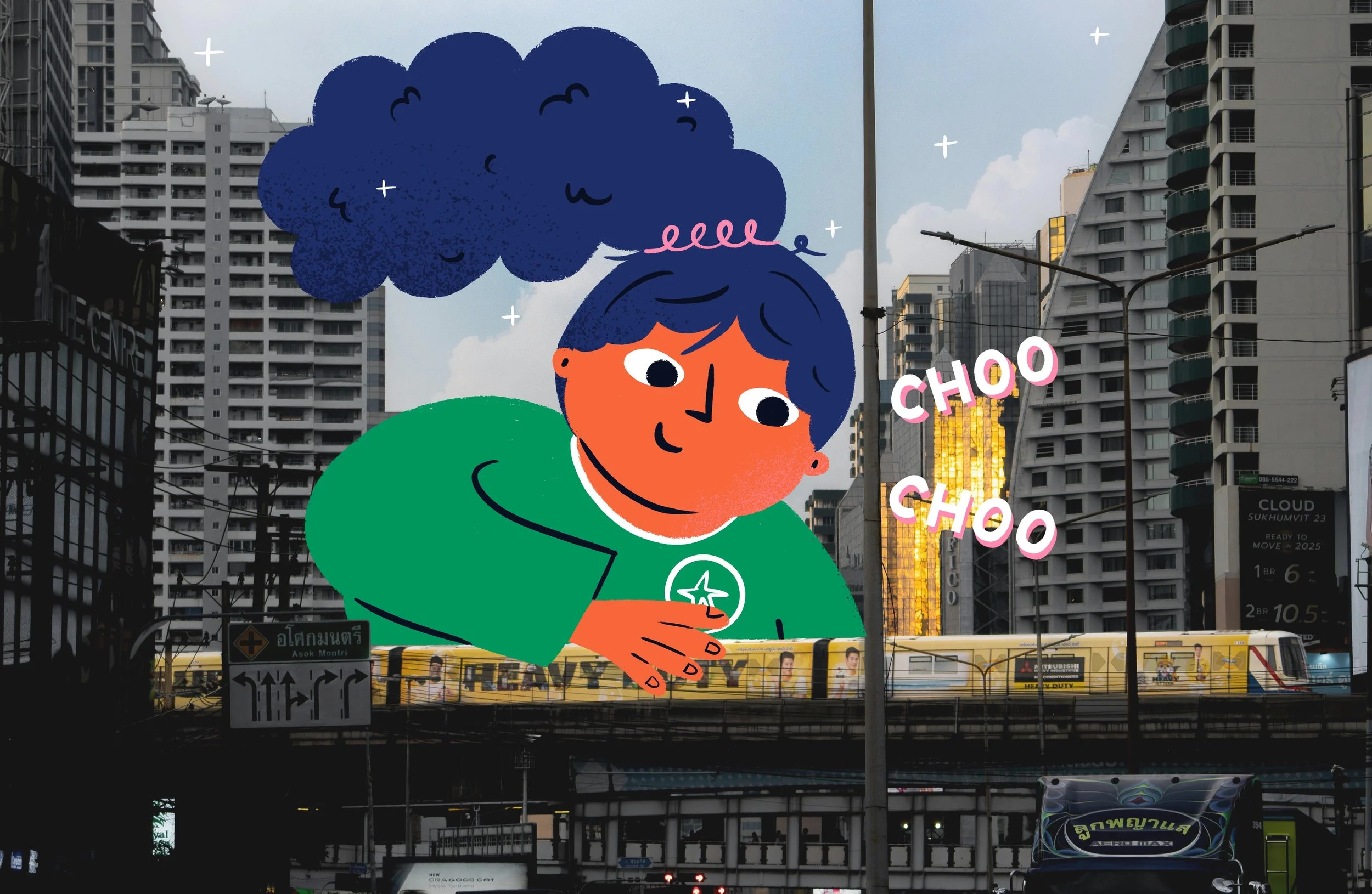 A little girl playing with a train on a photograph.