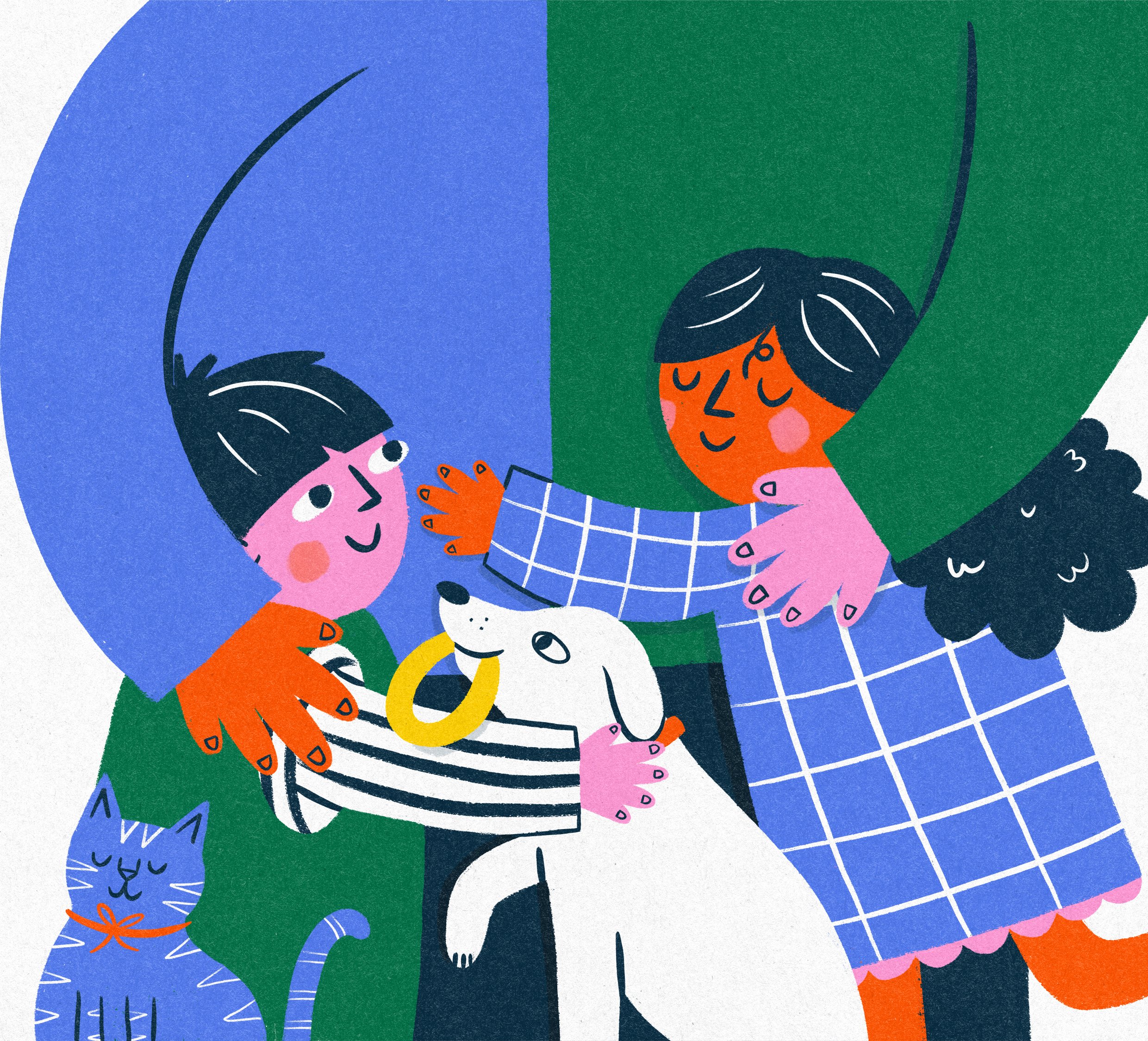 A little girl and boy hugging their parents, dog and cat.