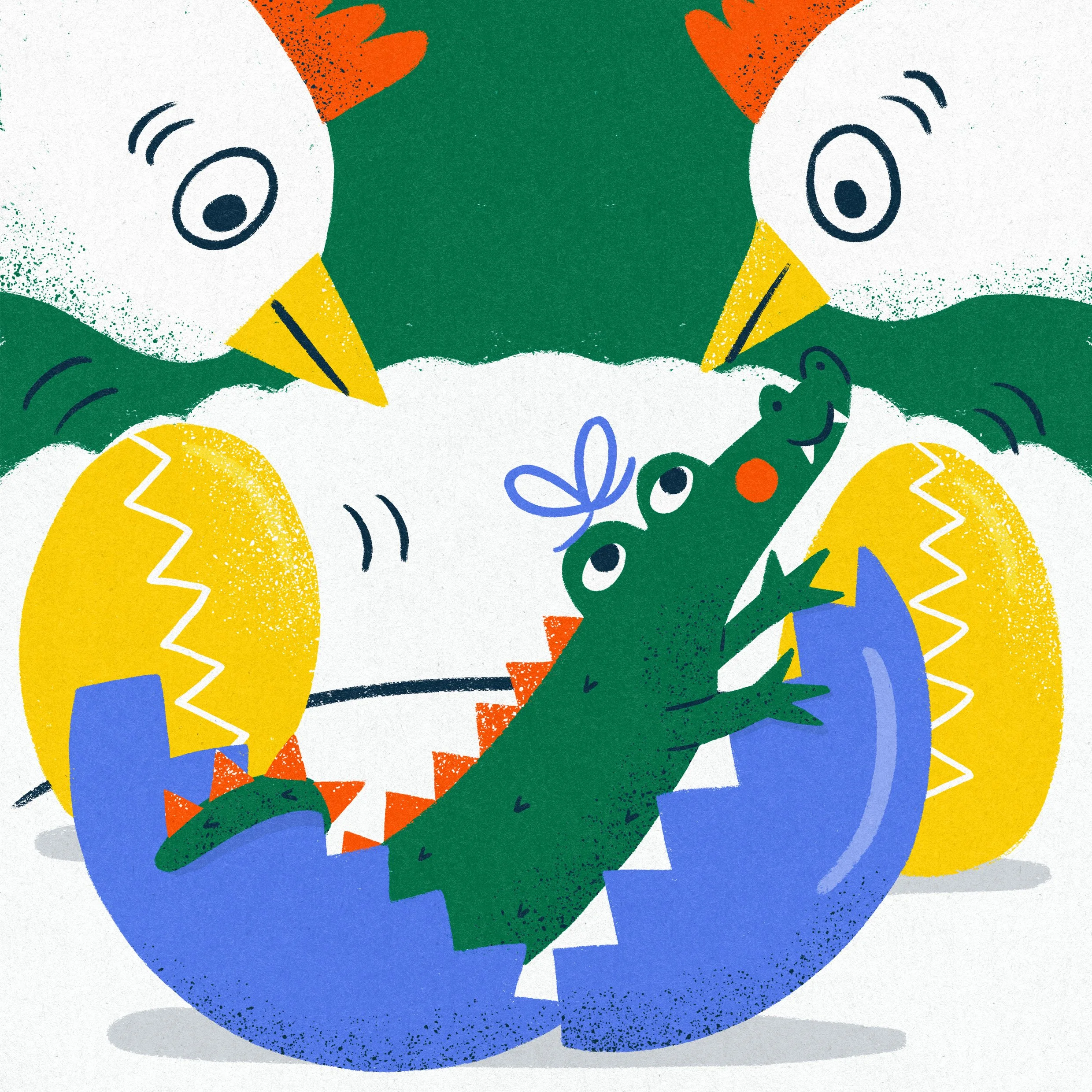 Two very confused chickens looking at their newly hatched baby crocodile.