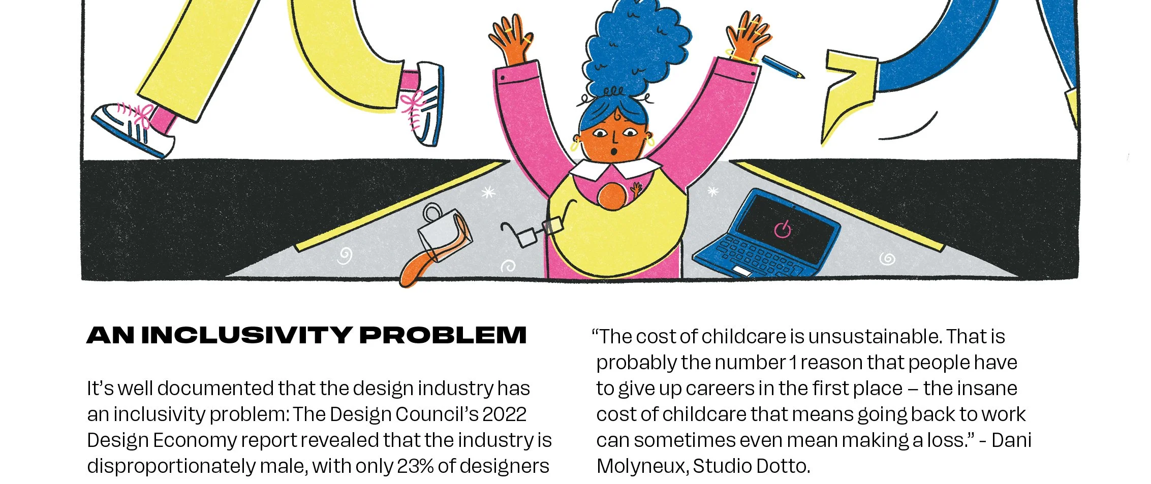 A woman falling through a trap door at work after she has a baby.