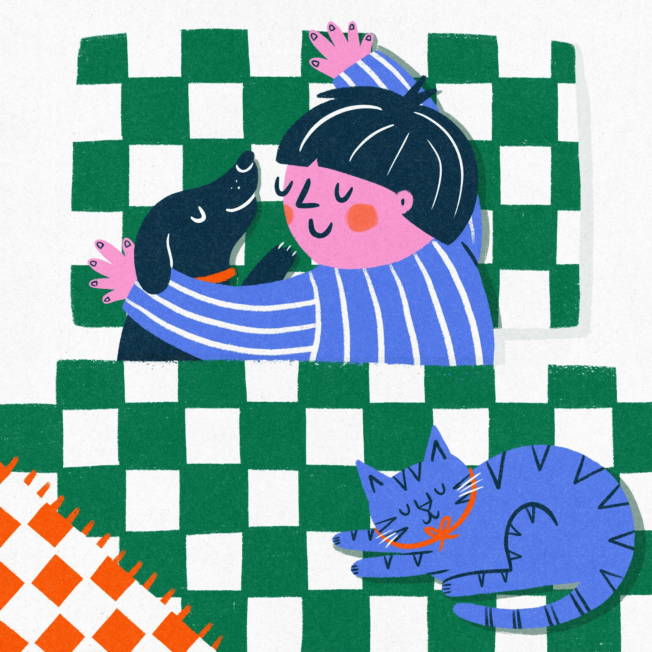 A little boy tucked up in bed with a dog and cat.