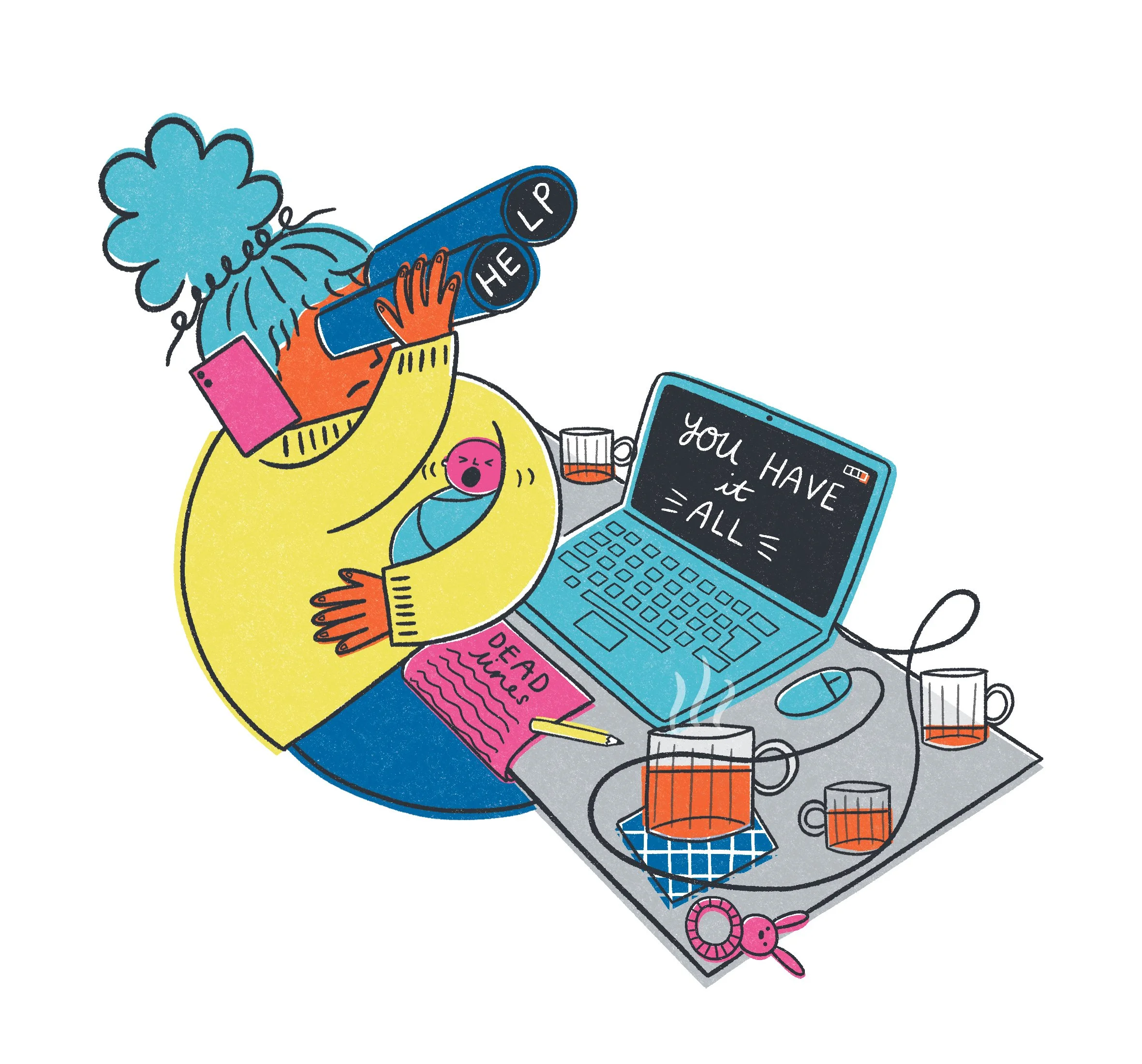  An illustration of a woman, with a baby in her arms and a chaotic work desk, looking through binoculars for help.