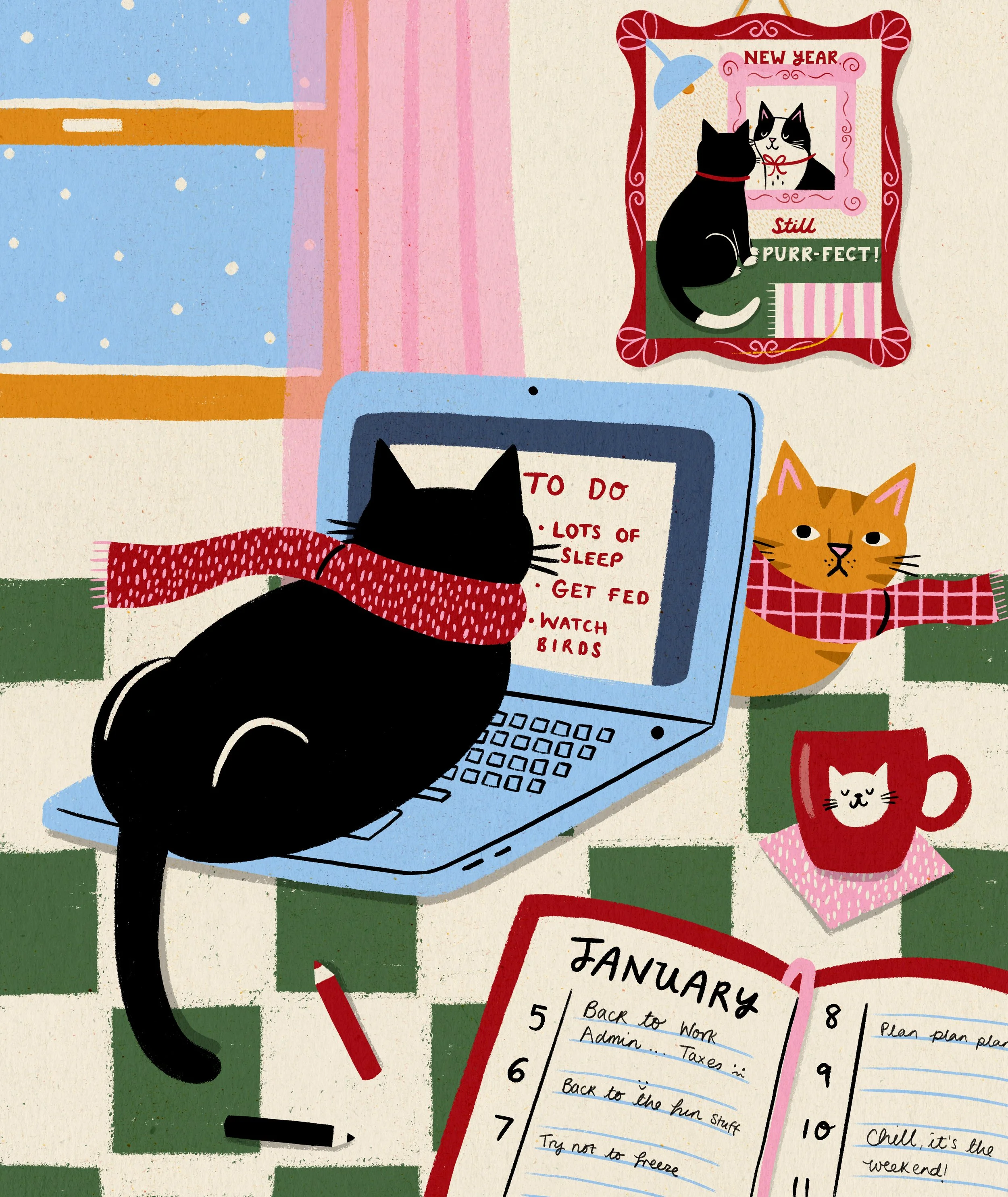 A black cat on a computer with a list of things to do.  In the foreground there is the human list of things to do.