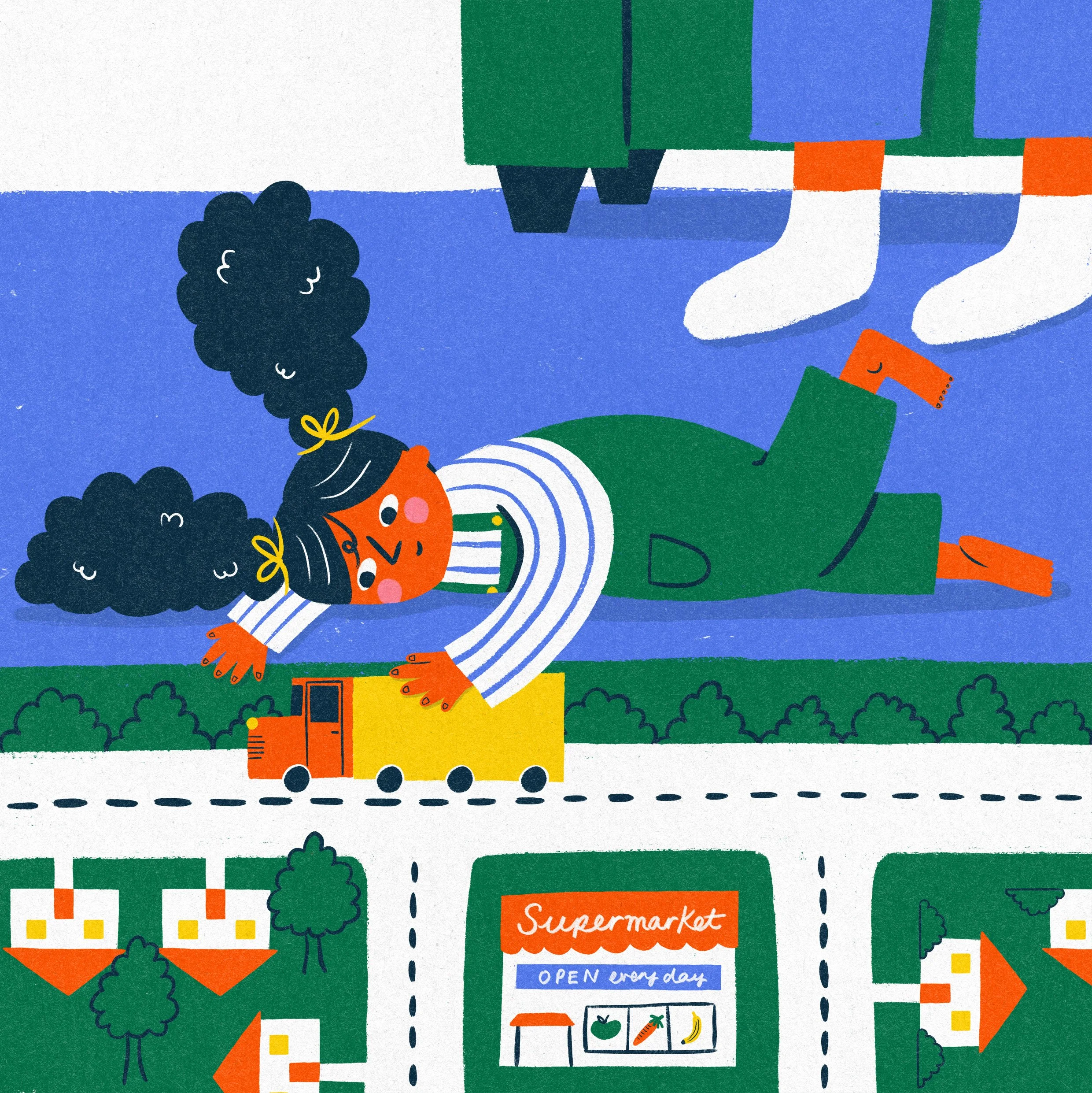 A little girl playing with a truck on a floor mat.