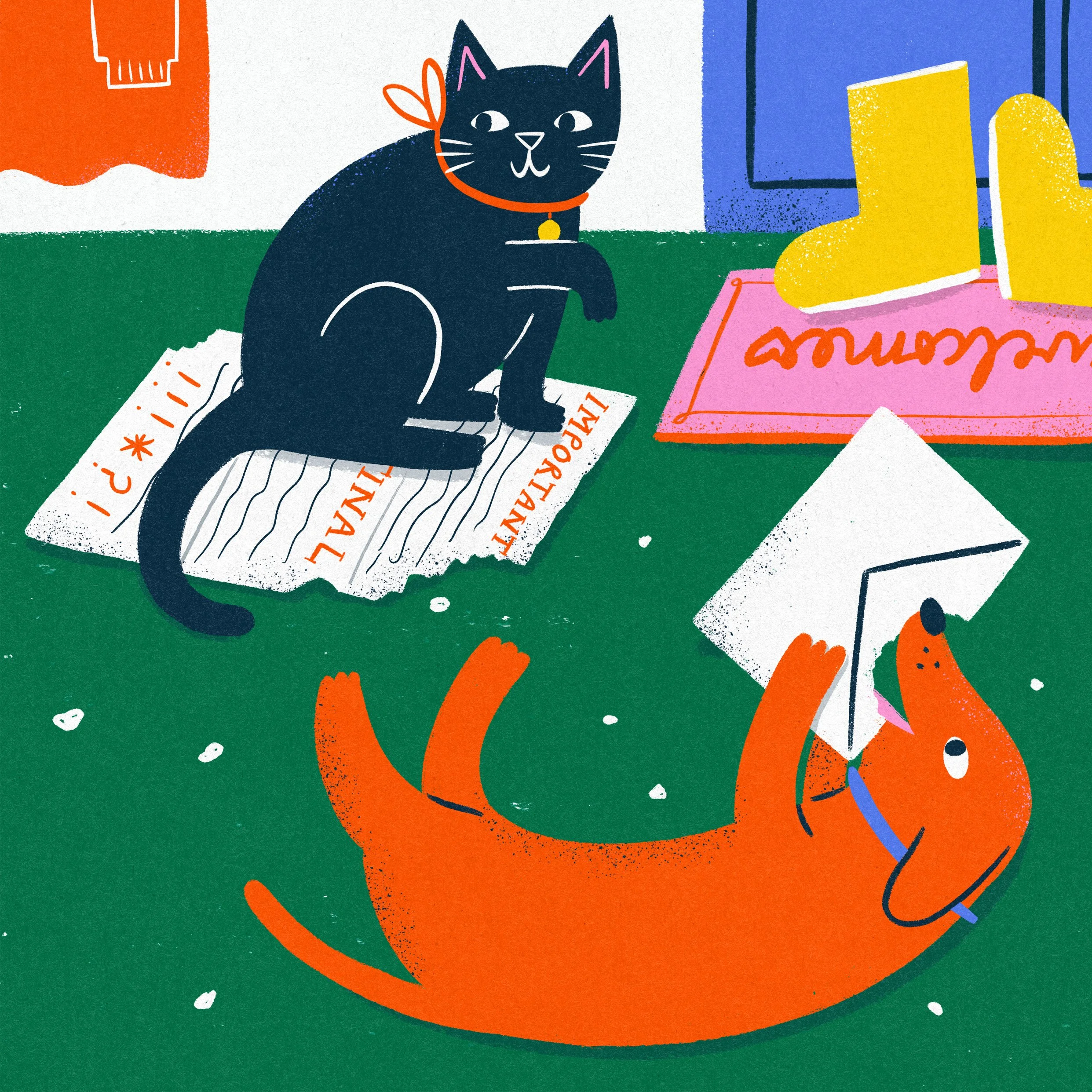 A cat and dog tearing up important mail.