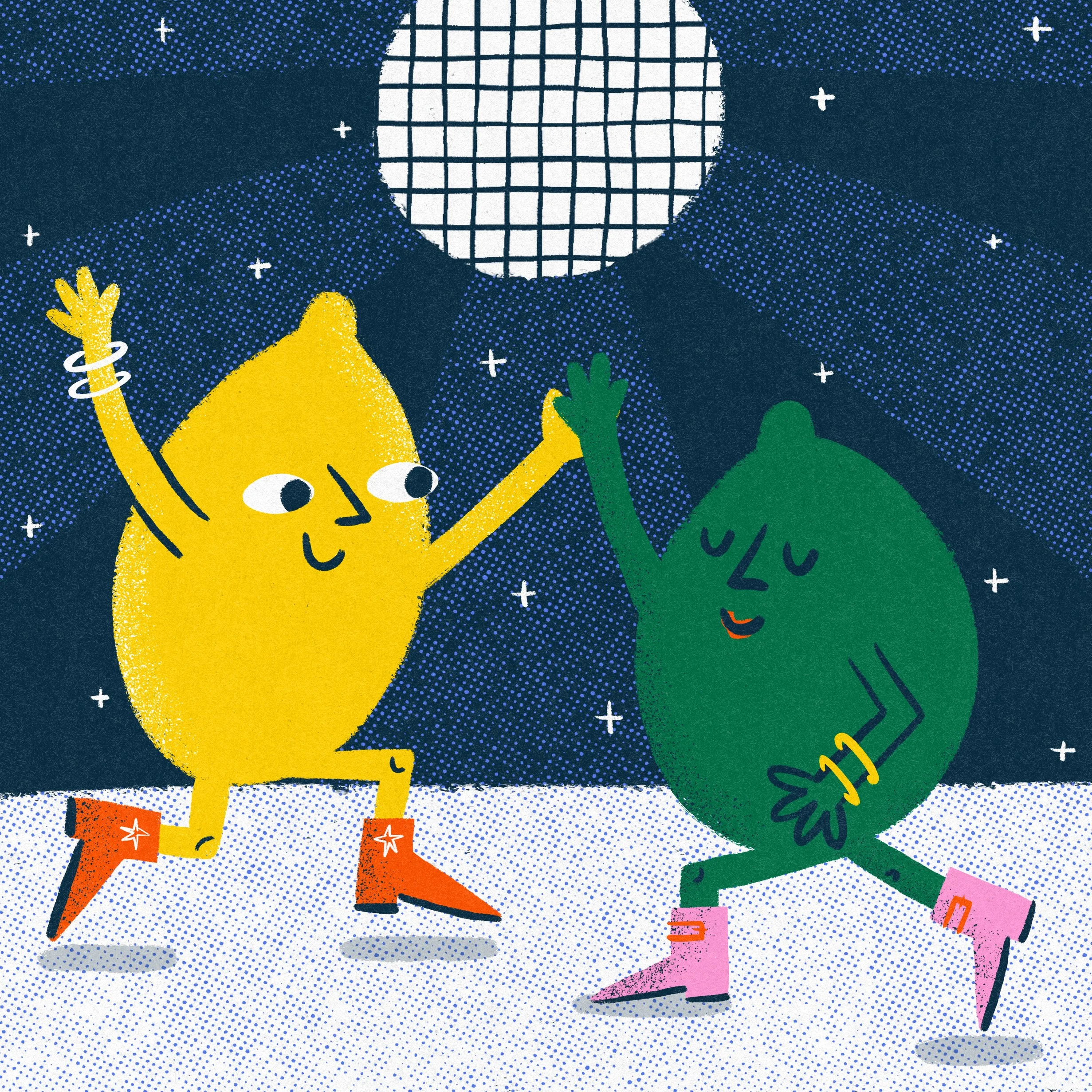 Bitter Besties- A lemon and a lime dance together at a disco.