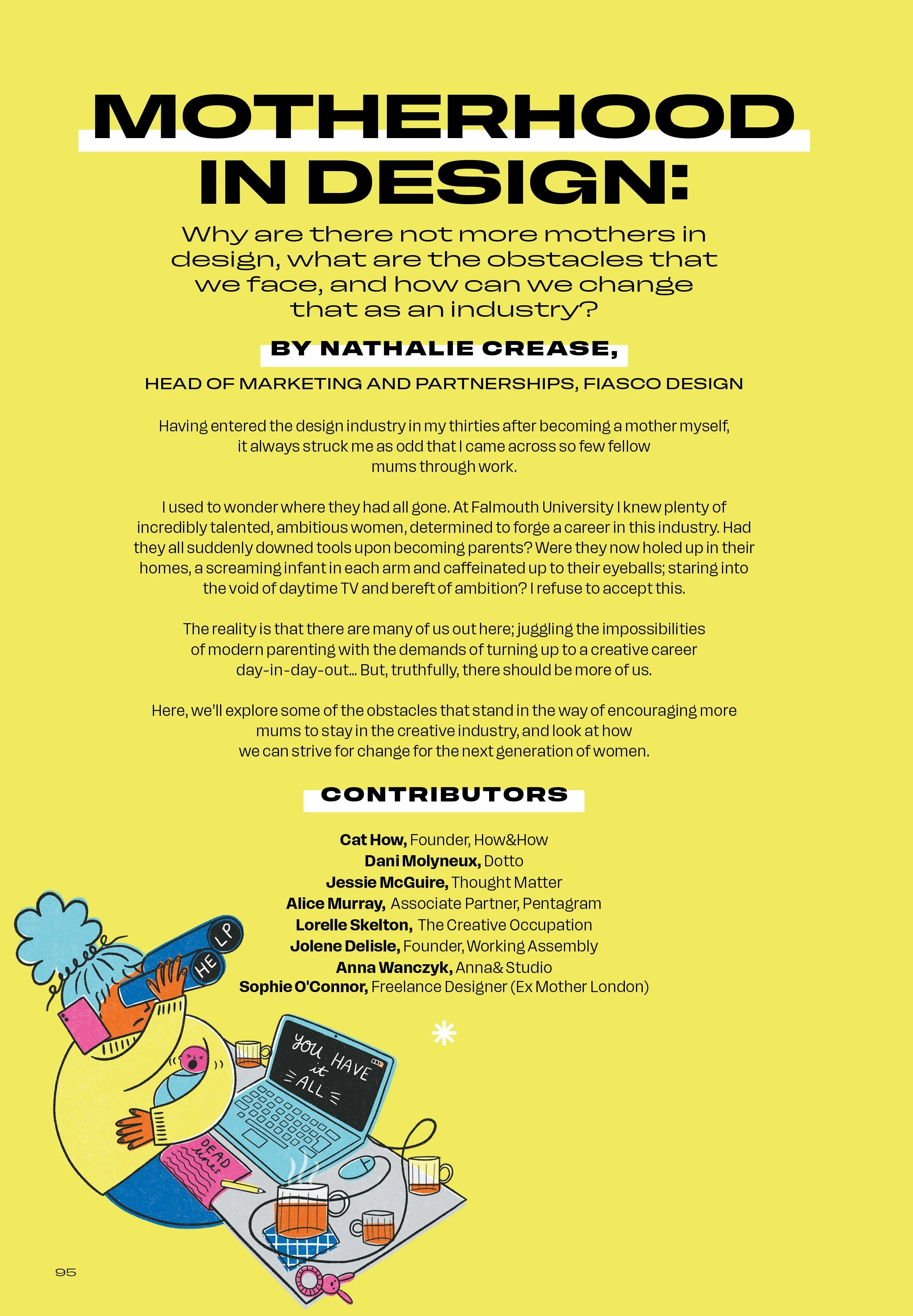 Page one of 'Motherhood' article from Designfully with an illustration of a woman, with a baby in her arms, looking for help.